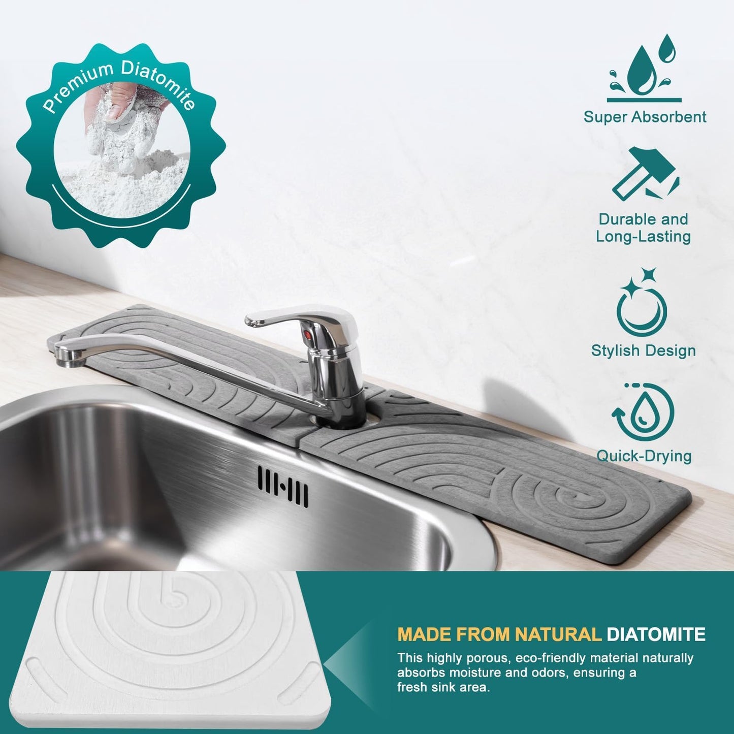 Hopegiver Stone Faucet Mat for Kitchen Sink - Fast Drying Diatomite Sink Protector Prevent Moisture, Super Water Absorbing Stone Tray for Kitchen & Bathroom Counter (White, 15.7"x3.9") BST326H
