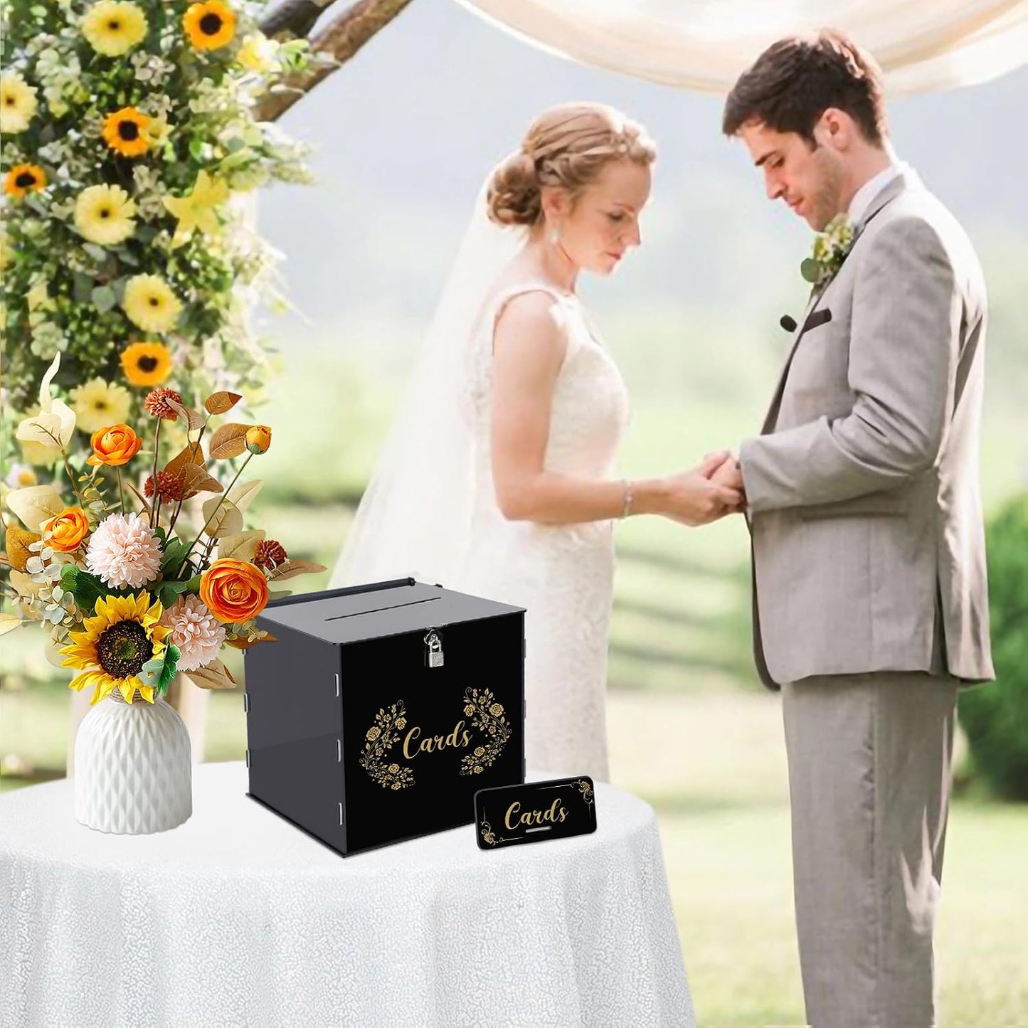 Fowecelt Acrylic Wedding Card Box with Lock Black Card Box DIY Large Rustic Card Box for Wedding Reception Bridal Shower Birthday Baby Shower Party Graduation Decorations (10x10x10 Inch) BST326H