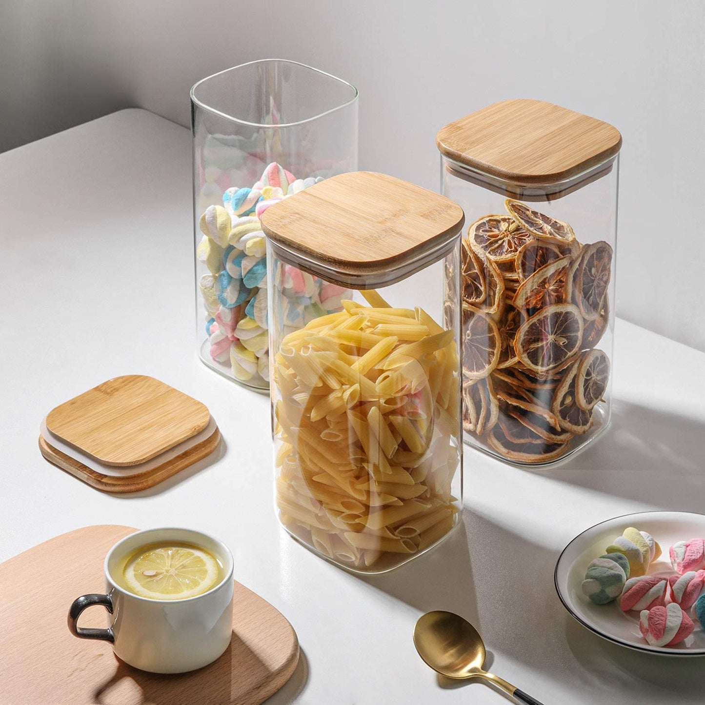 ComSaf 0.6 Qt Glass Food Storage Jars Set of 6, Clear Storage Containers with Airtight Lids, Pantry Organization Jar, Spice Jar, Blooming Tea, Coffee and Sugar Container, Canister Set for Kitchen BST220