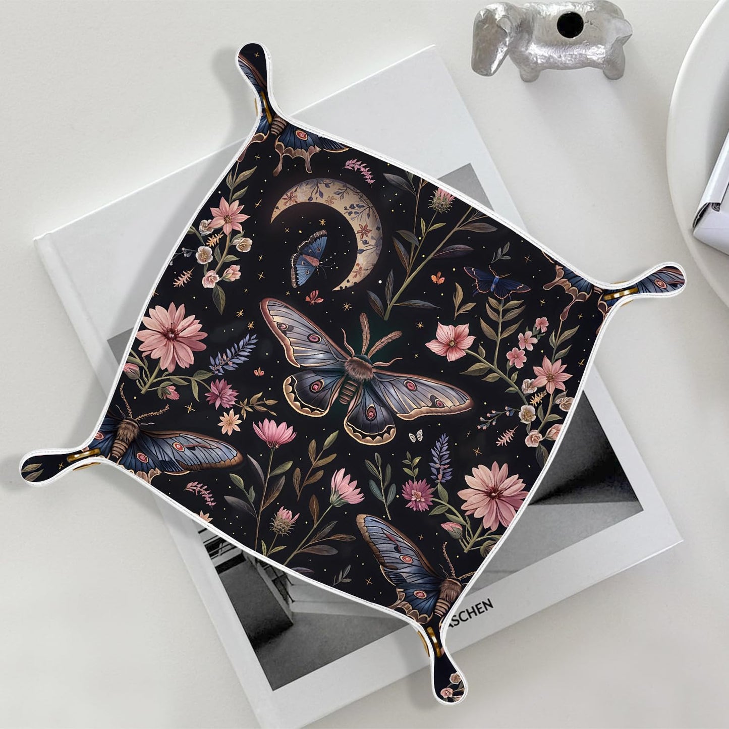 Marble Jewelry Valet Tray for Women Men, Black and Gold Marble PU Leather Catchall Beside Caddy Nightstand Organizer Tray for Jewelry Rings Watches Keys and Accessories, 7.87x7.87in BST220