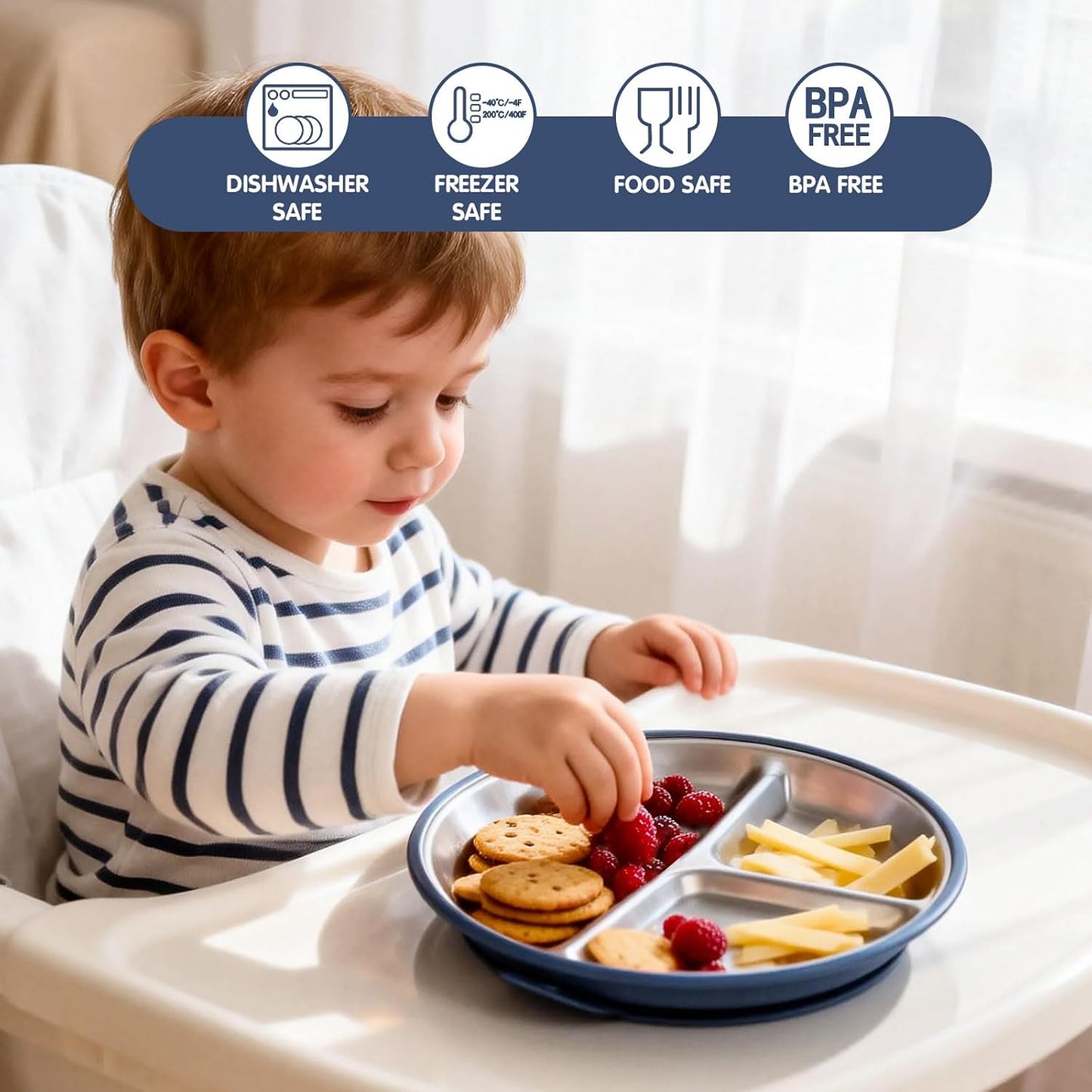Greentainer 3 Pack Stainless Steel Baby Plates with Suction, Divided Toddler Plates with Removable Silicone Sleeves, Unbreakable Kids Dishes for Dinner & Snack, Non-Toxic, Dishwasher Safe BST326H