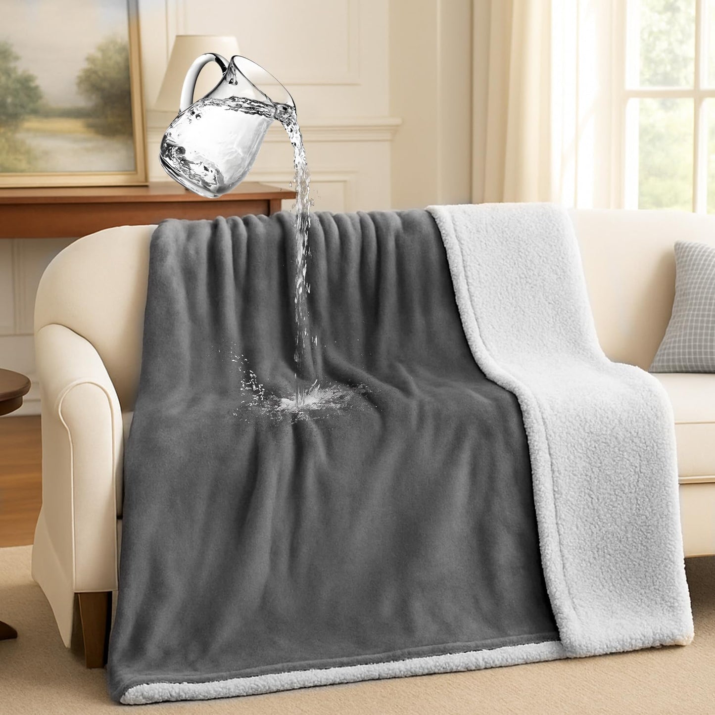 Makigued Waterproof Dog Blanket for Couch & Bed, Reversible Sherpa Fleece Pet Throw with Quiet TPU Barrier, Machine Washable Furniture Protector for Large Dogs & Cats, Twin Size 60x80 Inch, Gray WN420