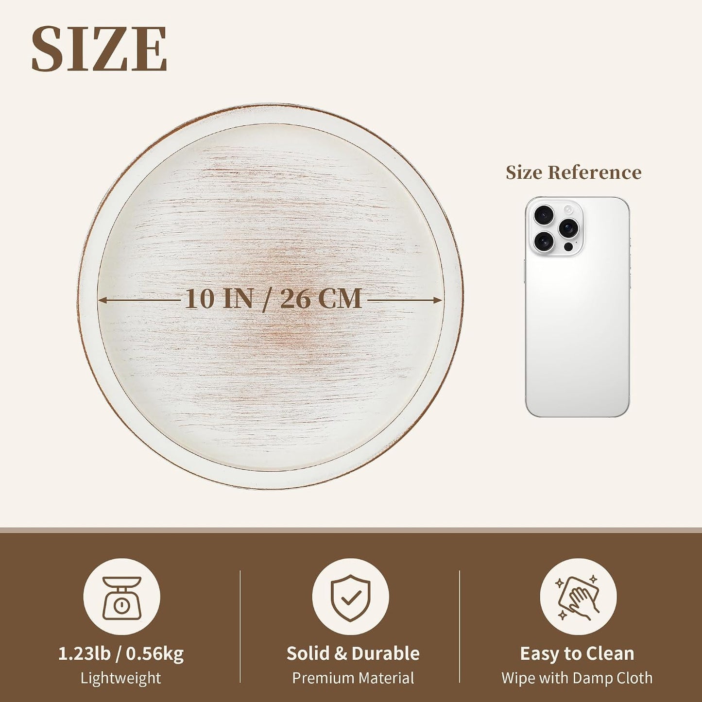 Hanobe Decorative Tray for Coffee Table: 10.5-Inch Round Whitewashed Wood Tray for Rustic Farmhouse Living Room Kitchen Island Entryway Home Decor BST326H