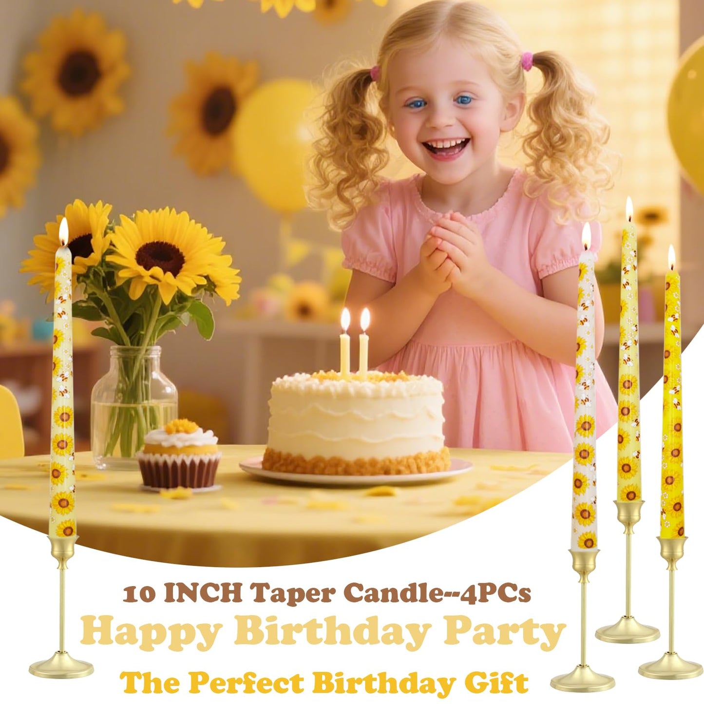 10 Inch Decorative Taper Candles, 4 Pack Birthday Balloon Print Candlesticks, Unscented Dripless Candles with Long Burn Time for Party, Holiday Table & Home Decor BST326H