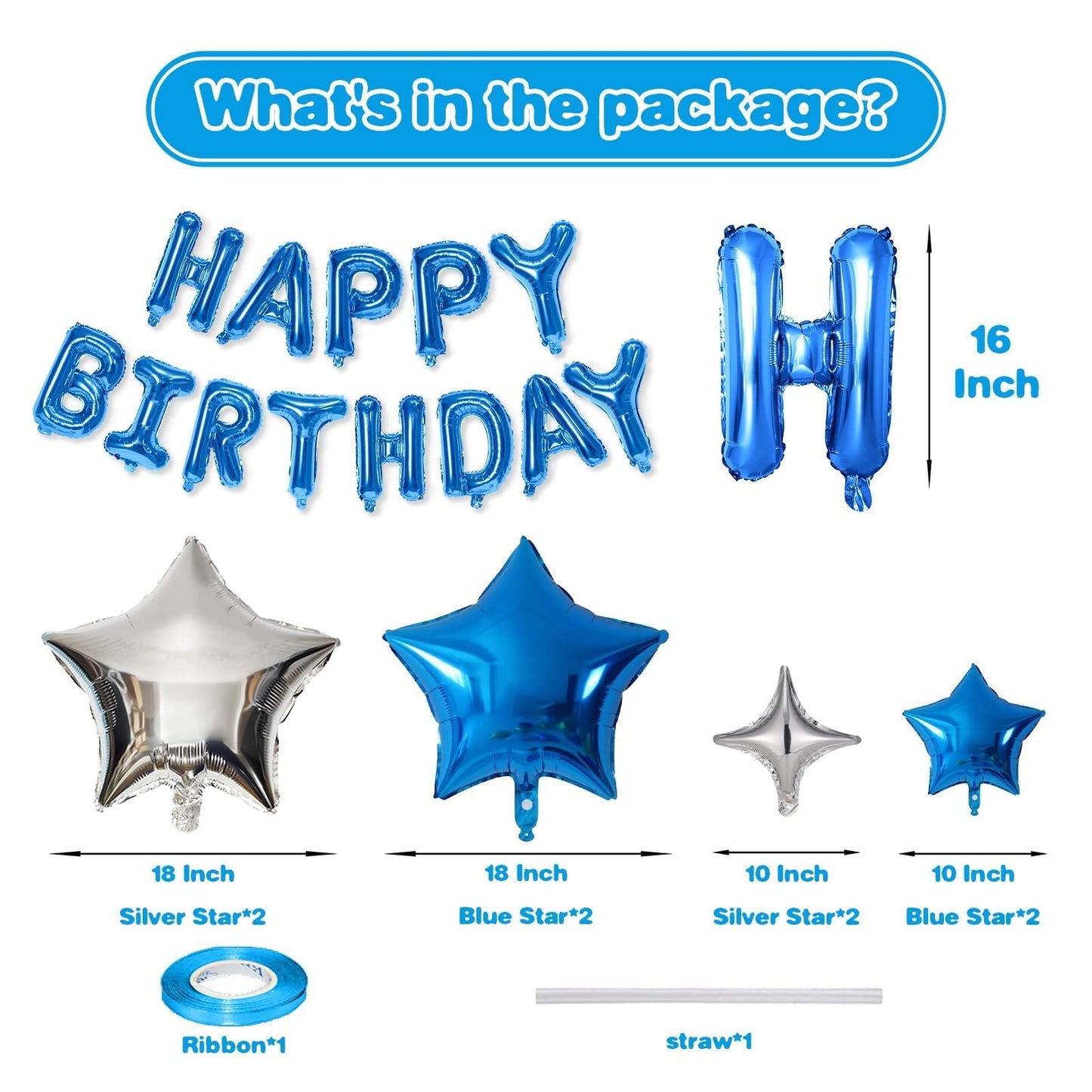 Happy Birthday Balloons Banner, Rainbow Happy Birthday Foil Balloons 16 Inch Foil Letter Balloon with 8 Pcs Gradient Blue Pink Star Balloon for Women Men Boys Girls Birthday Party Decoration WN420