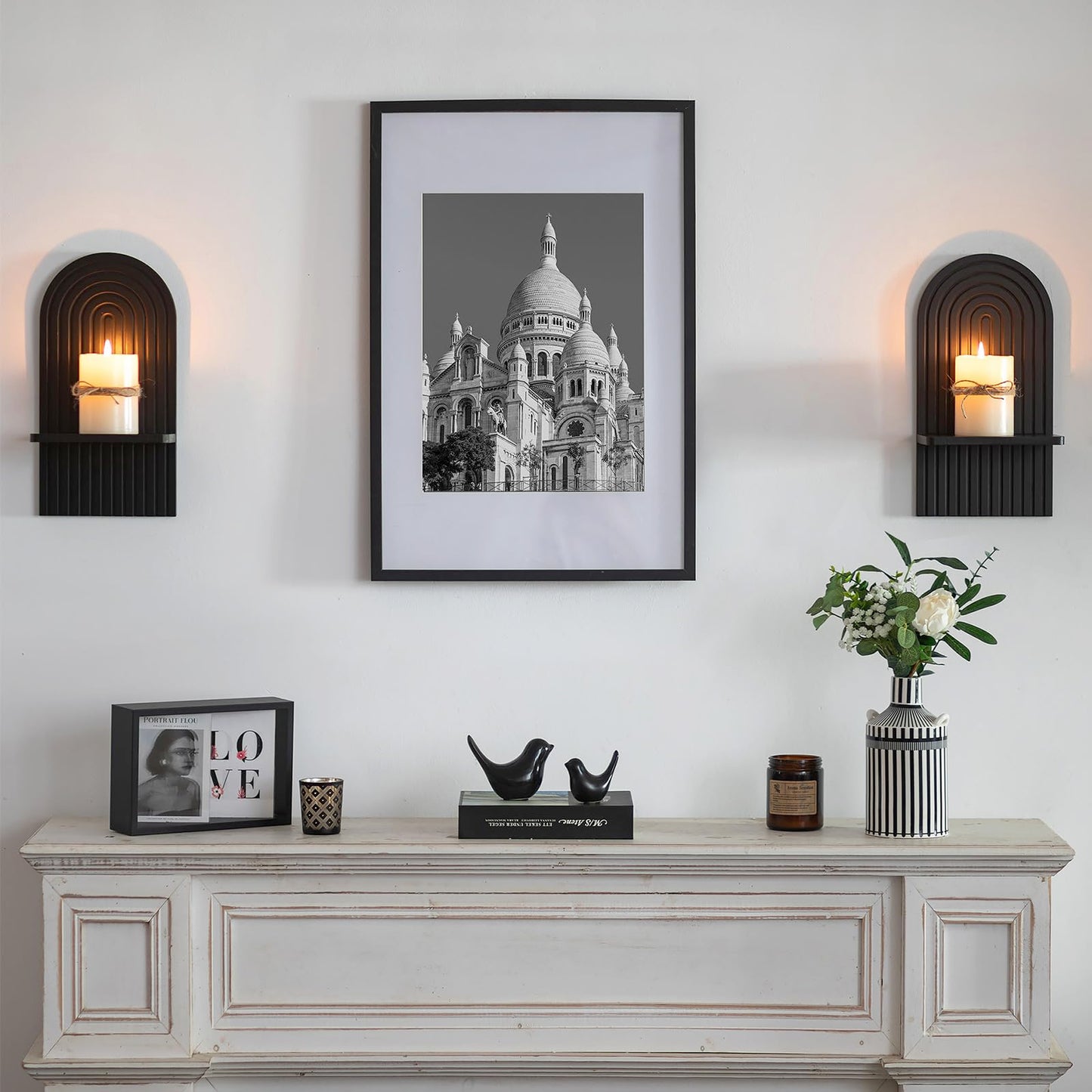 Boho Wall Candle Holder Decor: Mid Century Candle Sconces Set of 2 for Plants Pillar Candles - White Wood Modern Minimalist Arch Candle Shelf Bohemian Art Decor Beside Fireplace TV BST220