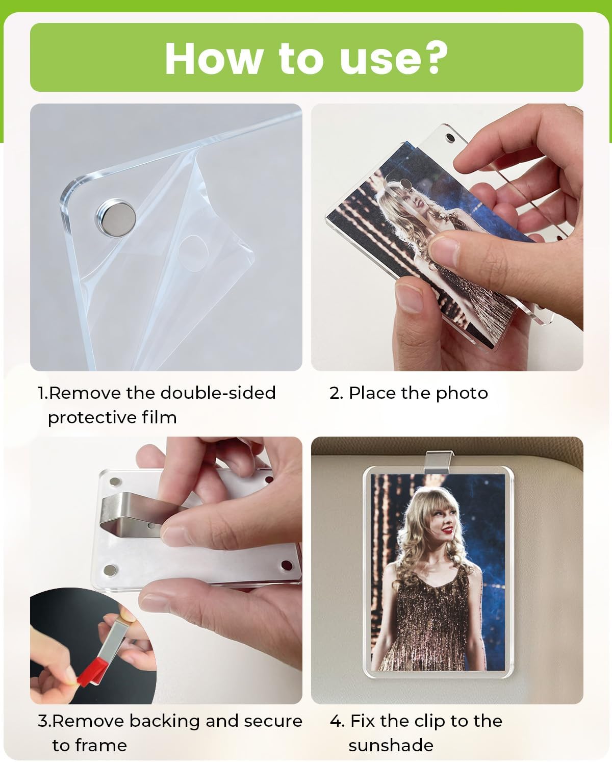 4Pack Car Picture Holder, Car Visor Photo Clip Holder, Magnetic 2.4"x3.5" Suncar Visor Picture Clip, Horizontal & Vertical Photo Display, Personalized Car Accessory for Family & Personal Photos BST326H