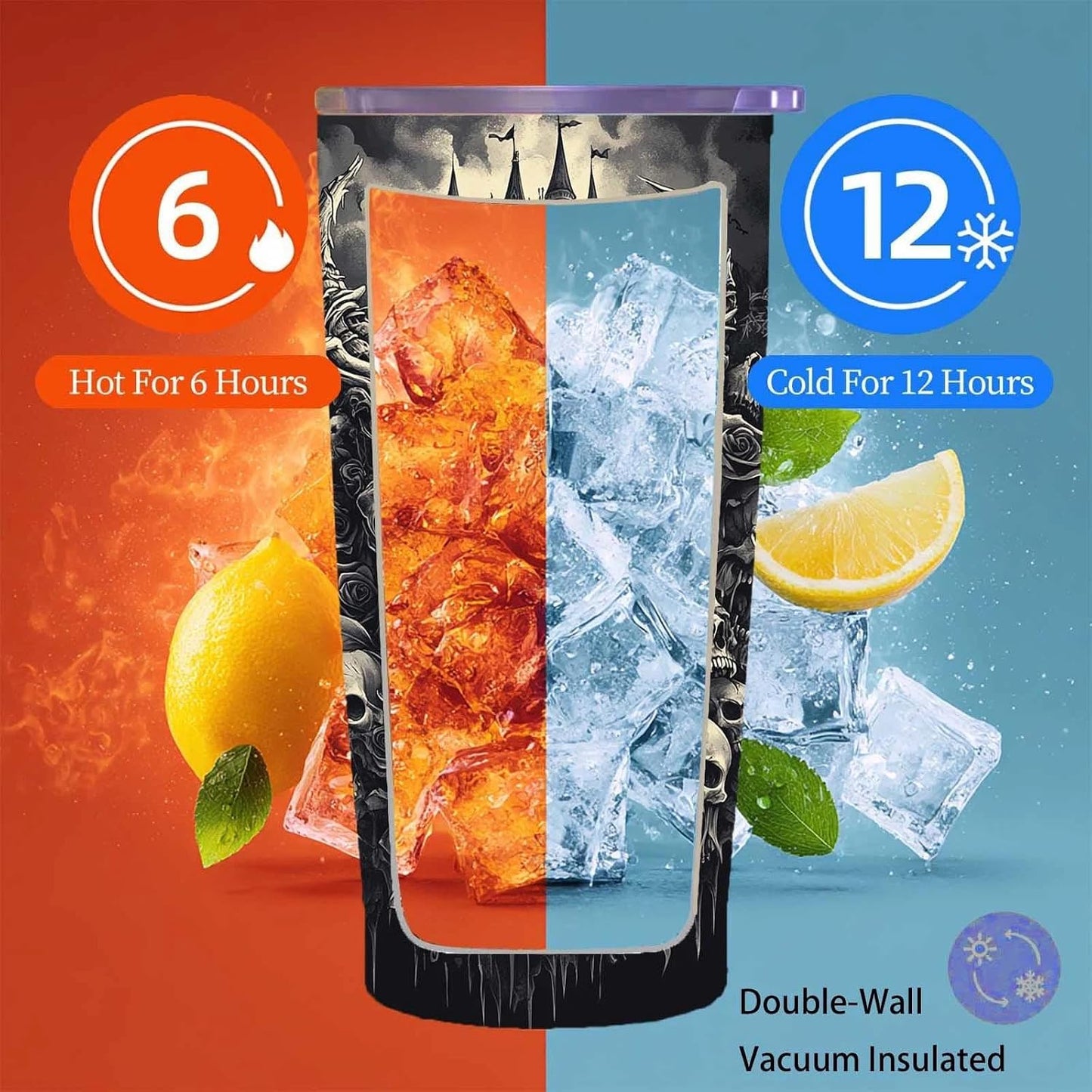 Gothic Skull 20 oz Insulated Stainless Steel Tumbler | Spooky Skeleton Travel Mug with Leak Proof Lid and Telescope Straw | Hot & Cold Coffee Cup | Halloween Gifts for Men and Women WN420