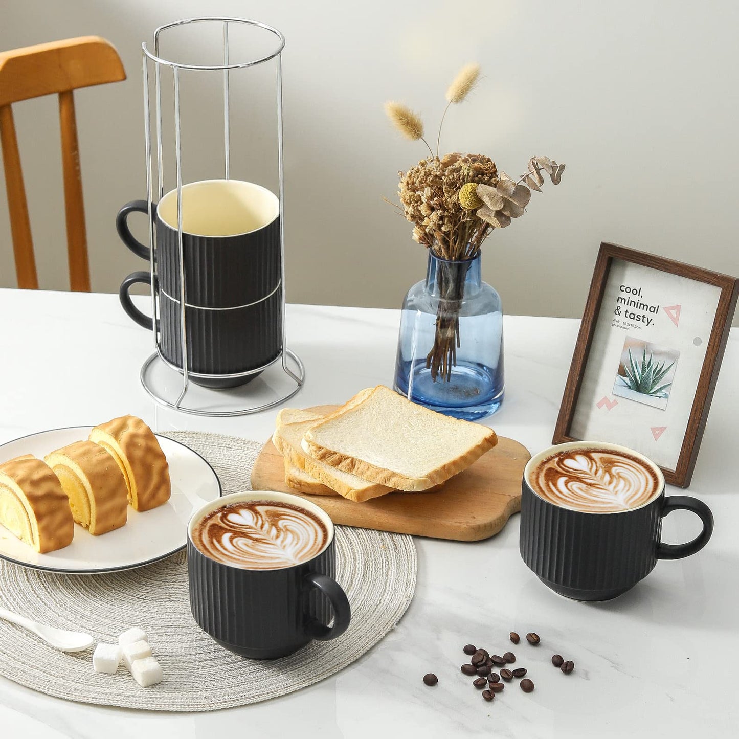 HASENSE 15 oz Ribbed Stackable Coffee Mug Set of 4, Porcelain Latte Cups with Metal Rack, Dishwasher & Microwave Safe, Cappuccino Tea Hot Cocoa, White BST220
