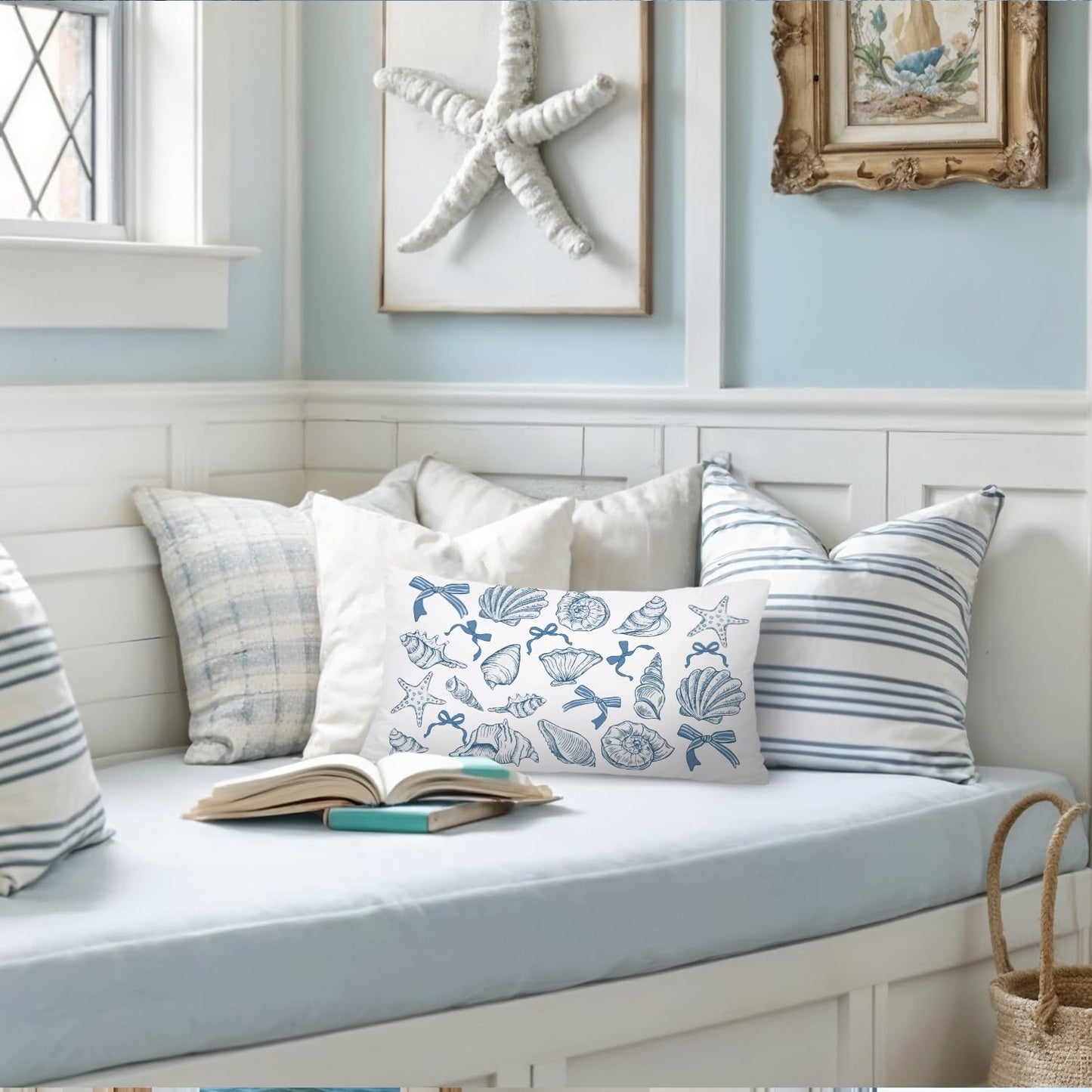 Coastal Beach Girly Room Decor 12x20 Pillow Cover, Preppy Beach Navy Blue Bikini Striped Decorative Lumbar Pillow Covers for Girls Bedroom College Dorm Sofa Couch BST326L