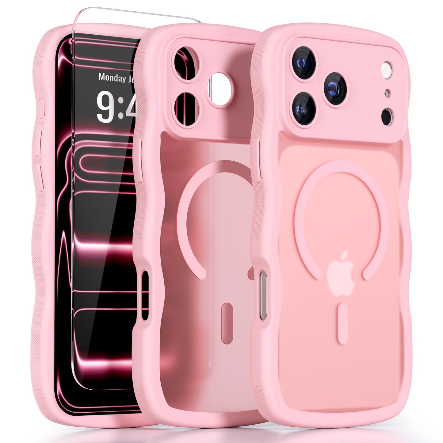 QVLANG Case for iPhone 16 Pro Max, Cute Wave Cover Case, Upgraded[Full Camera Protection][Compatible with Magsafe][Military Grade Protection][Translucent Matte] Phone Case for Women Girls, Hot Pink WN420