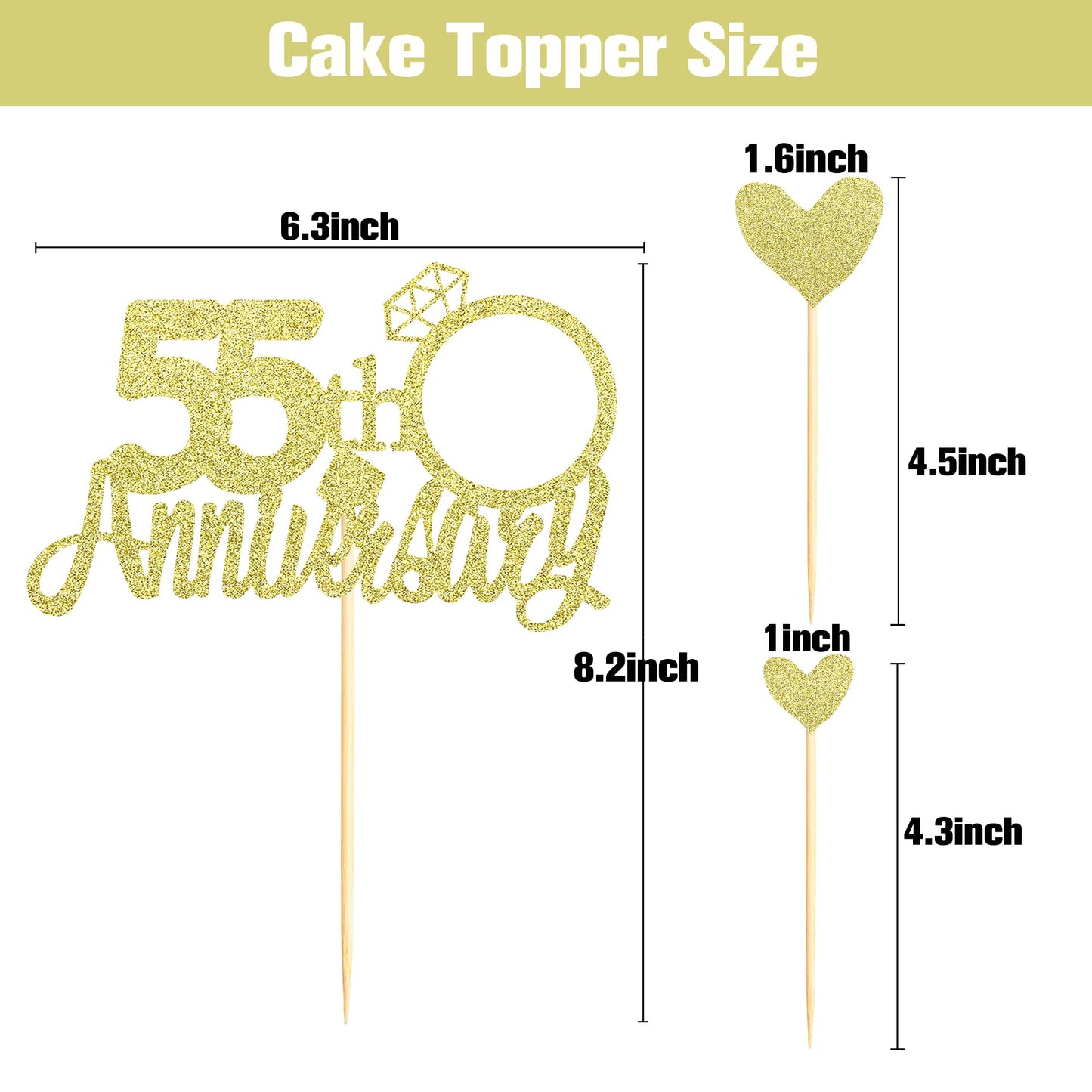 Sumerk 13 PCS Gold Glitter 55th Anniversary Cake Topper Happy 55th Anniversary Wedding Anniversary Cake Decorations BST220