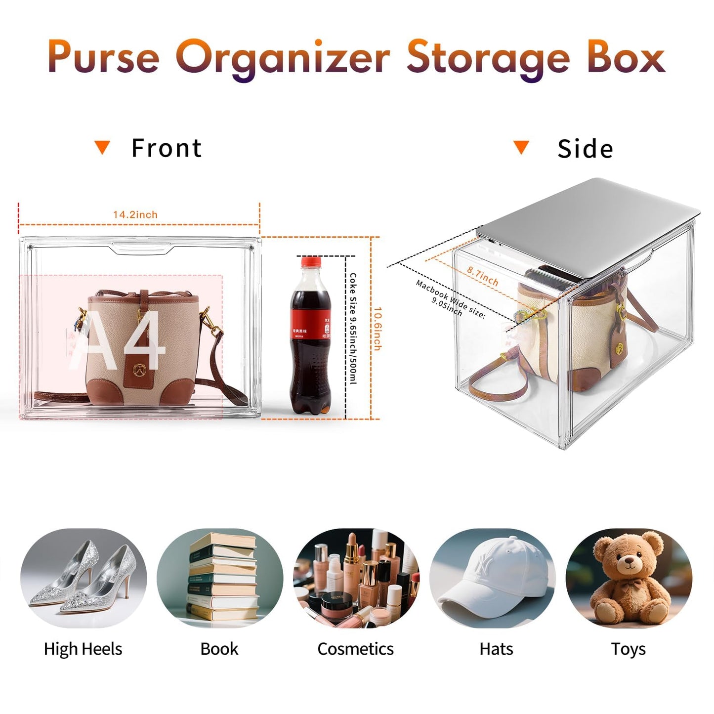 Purse Organizer for Closet, 5Pack Stackable Storage Bins, Clear Acrylic Display Case with Magnetic Door, Closet Organizers and Storage for Handbag Organzier, Heels, Collectibles