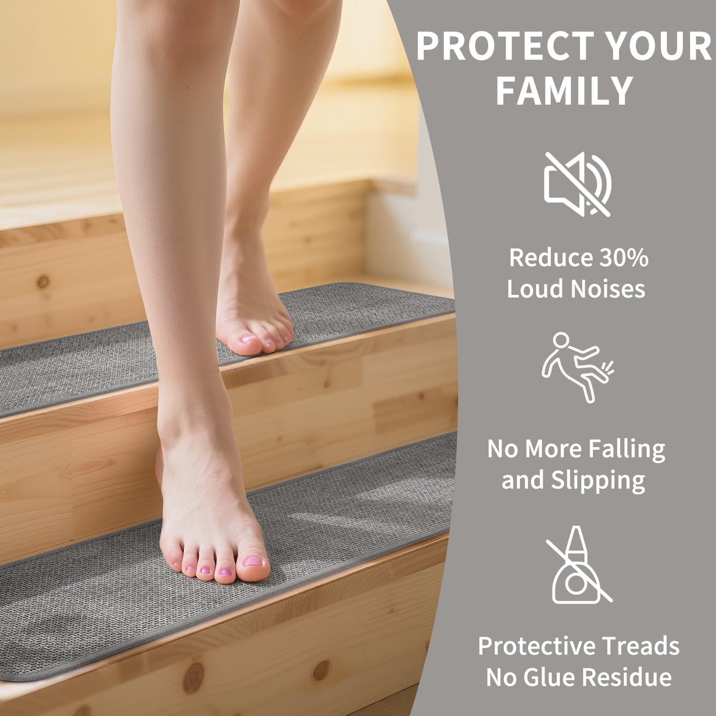 YDKGL Stair Treads Non Slip Indoor 4PCS, Rubber Backing Stair Runner Rugs for Wooden Steps, Residue Free Stair Carpet Treads for Kids Elders and Pets, Machine Washable Stair Mats, Gray, 8" x 30" WN420