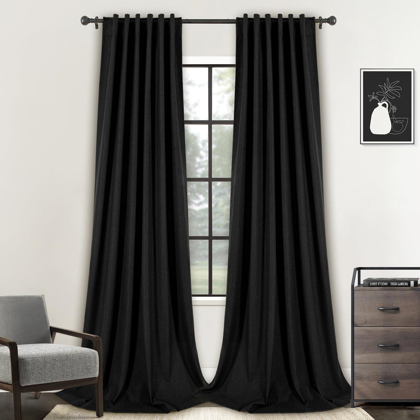PANGSINNE Short Curtains for Windows Bathroom, 100% Blackout Linen Boho Back Tab Pleated Cafe Curtains for Kitchen Bedroom, 54 Inch Length 2 Panels Set, Dusty Blue BST326H