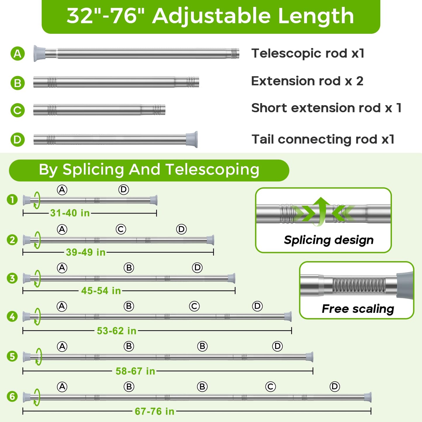 White Shower Curtain Rod 32 to 76 Inches Adjustable, 7/8 Inch Diameter Heavy Duty Tension Curtain Rods No Drill, Rust-Resistant Tension Rod for Bathroom, 1 Pack BST326H
