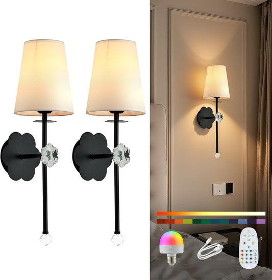 Battery Operated Wall Sconces, Black, Set of 2 | Crystal Plum Blossom Decor, Rechargeable, Detachable, Remote Cordless, Indoor for Bedroom Living Room Hallway Stairs WN420