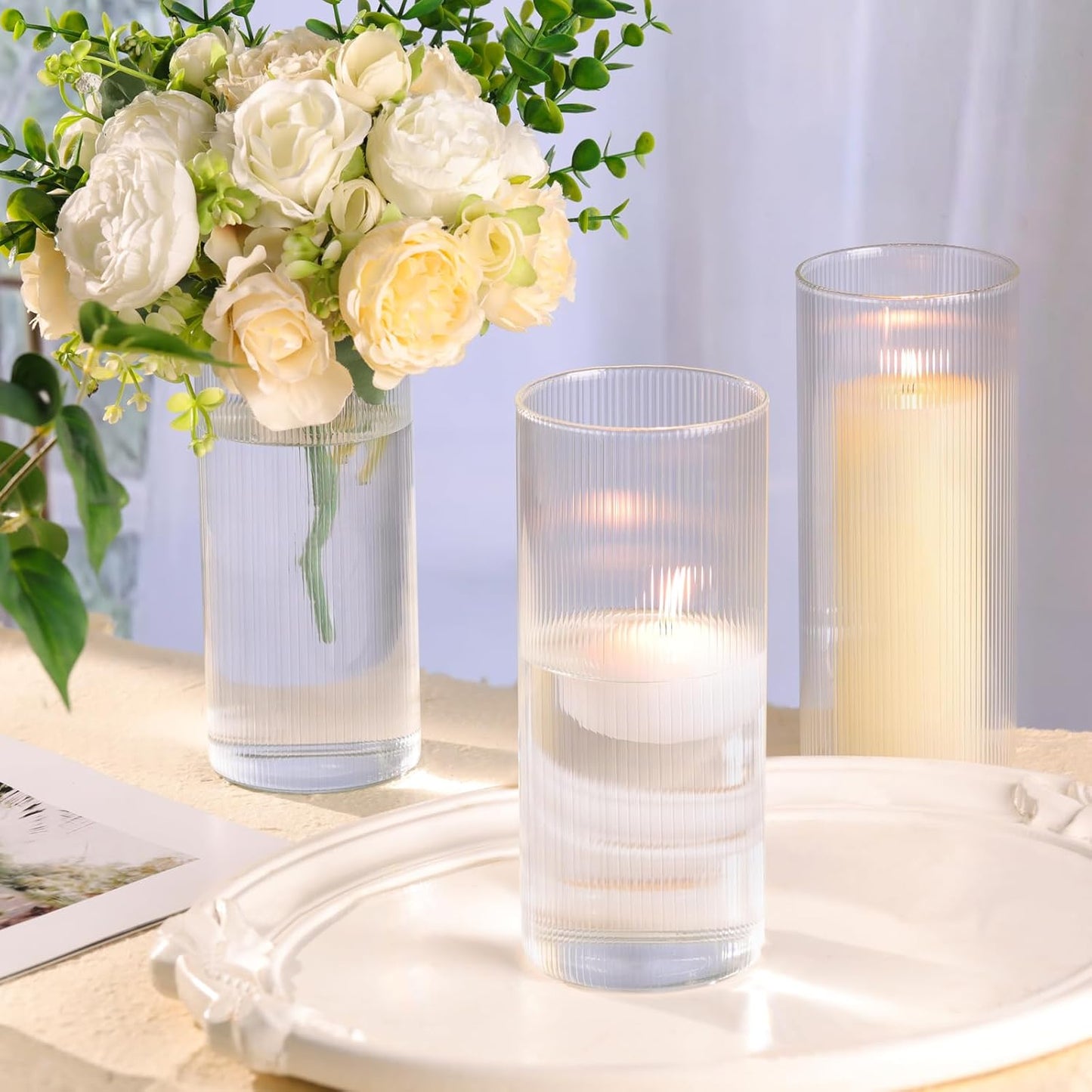 Glass Ribbed Cylinder Vases, 8 Inch Tall, Clear, Pack of 3 | Flower Vases in Bulk, Hurricane Floating Candle Vases, For Party Home Decor BST326H