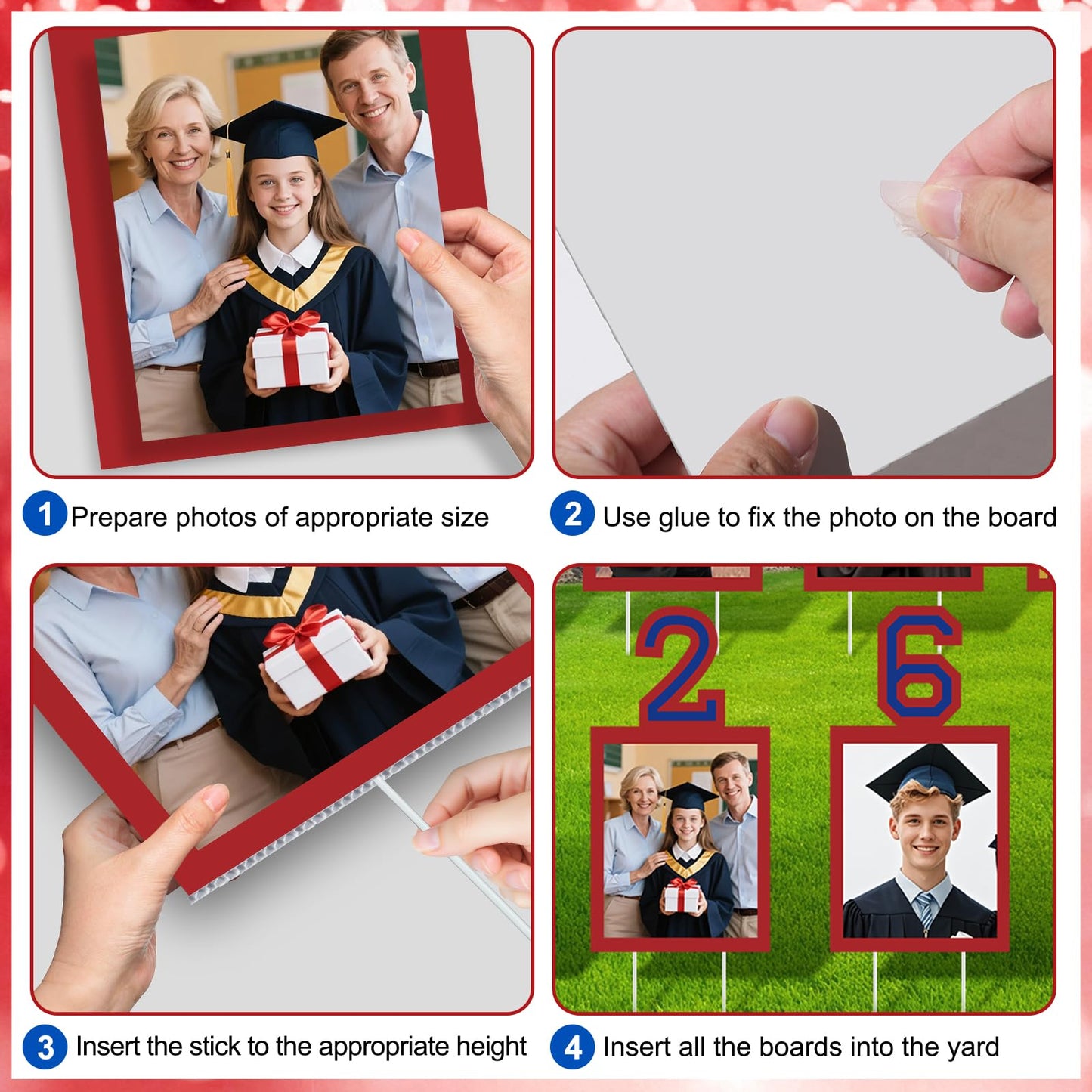 12 Pcs Graduation Photo Yard Sign Decorations 2026, K-12 Grade Graduation School Picture Frame Lawn Sign with Stakes for Kindergarten Middle High School Class of 2026 Grad Party Decorations, Red WN420