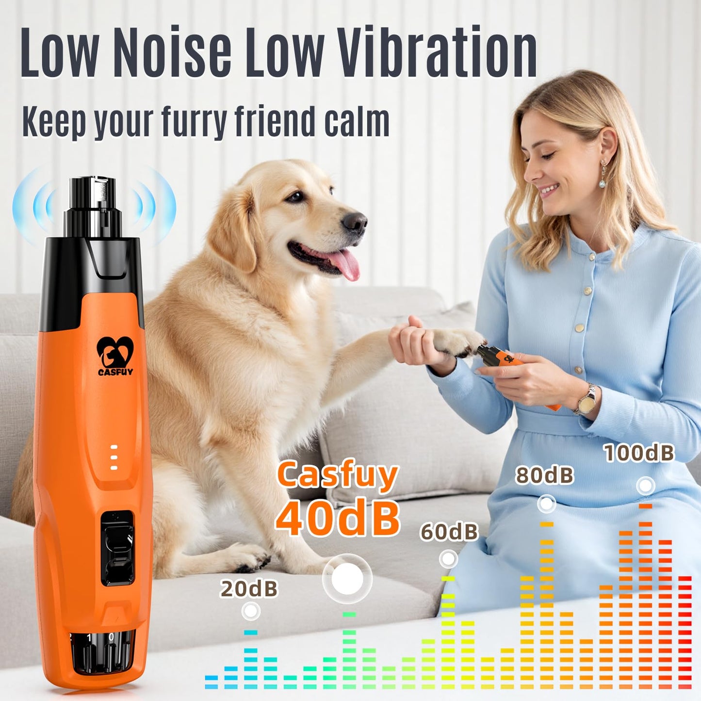 Casfuy New 6-Speed Dog Nail Grinder - 50% More Power Dog Nail Trimmers with 2 LED Lights Quiet 7h Running Time Electric Pet Nail Grinder File Toenail Grinder for Large Medium Small Dogs & Cats (OR)