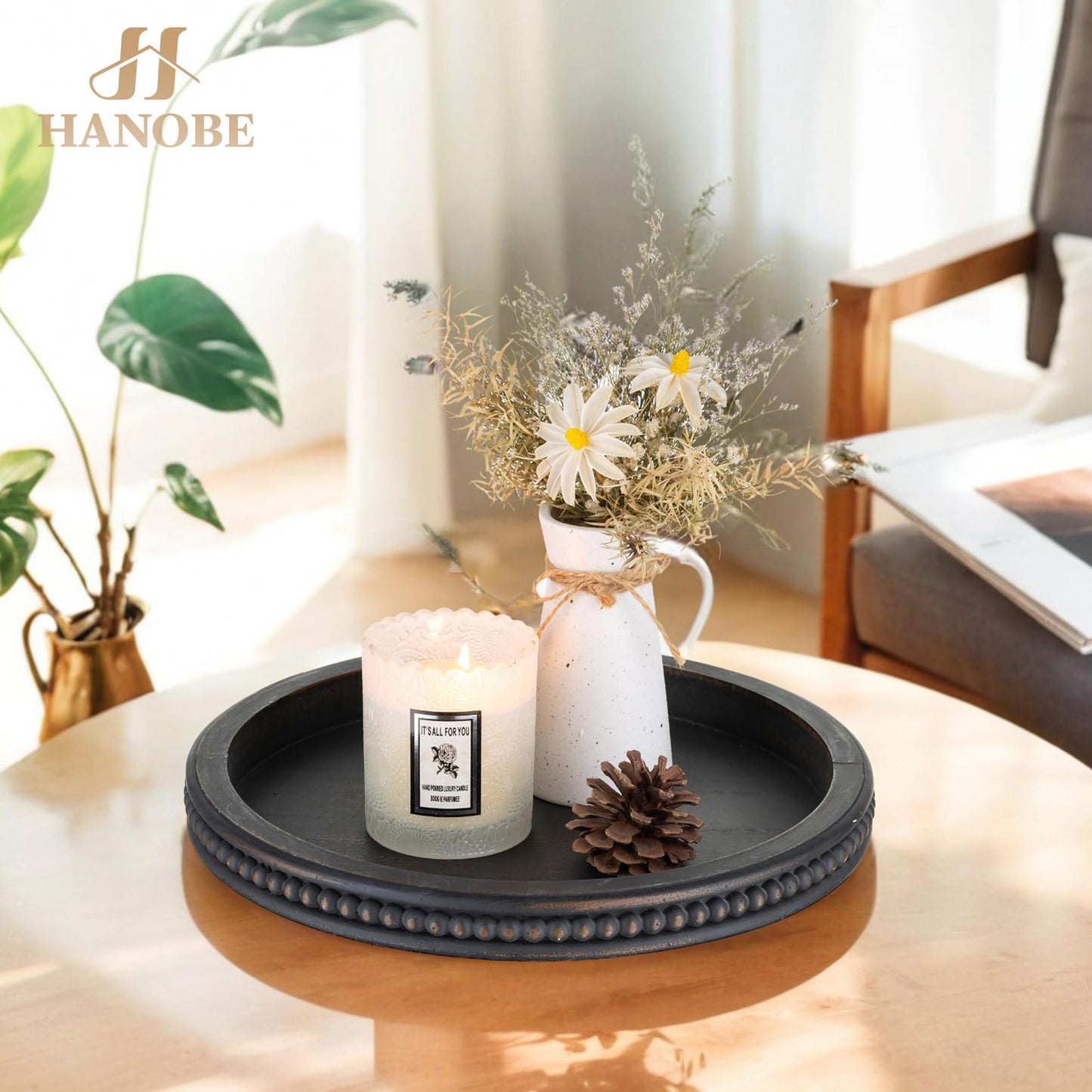 Hanobe Decorative Tray for Coffee Table: 10.5-Inch Round Whitewashed Wood Tray for Rustic Farmhouse Living Room Kitchen Island Entryway Home Decor BST326H