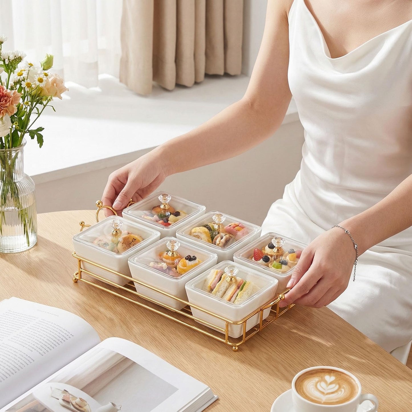 YA JU Ceramic Bowls and with Lid Gold Basket Trays, 4 Removable Small Bowls Condiment Trays Nut Serving Set for Snacks, Fruits, Candy and Condiments - Great for Parties, Holiday Gifts,White BST202