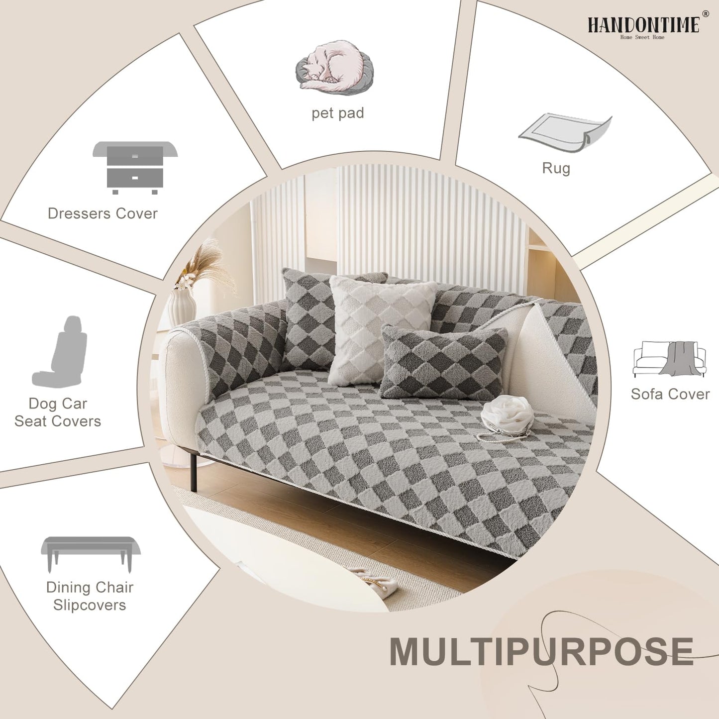 HANDONTIME Fuzzy Dog Couch Cover Washable, Pet-Friendly Sofa Covers Non-Slip Geometric Jacquard Pet Protector Furniture Cover for 3 Cushion Sofa Cozy Fuzzy Dog Mat for Couch (Grey, 35.4" x 70.9") BST202