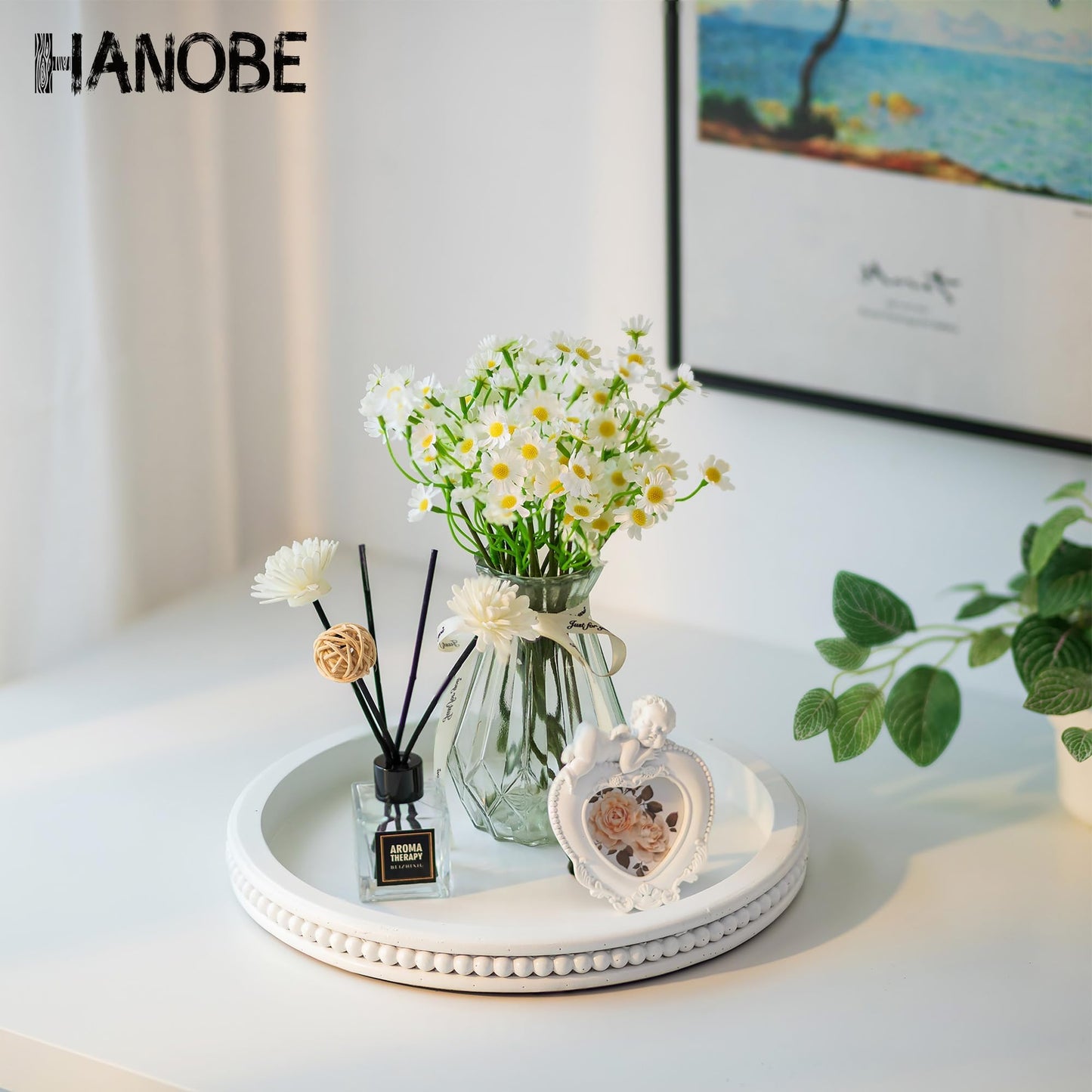 Hanobe Decorative Tray for Coffee Table: 10.5-Inch Round Whitewashed Wood Tray for Rustic Farmhouse Living Room Kitchen Island Entryway Home Decor BST326H