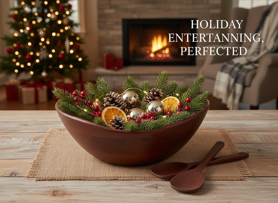 Melvvi Large Wooden Salad Bowl Set with 2 Serving Utensils | 12" Acacia Wood Bowls for Food | Great Mothers Day gift (Natural Set of 3) BST220
