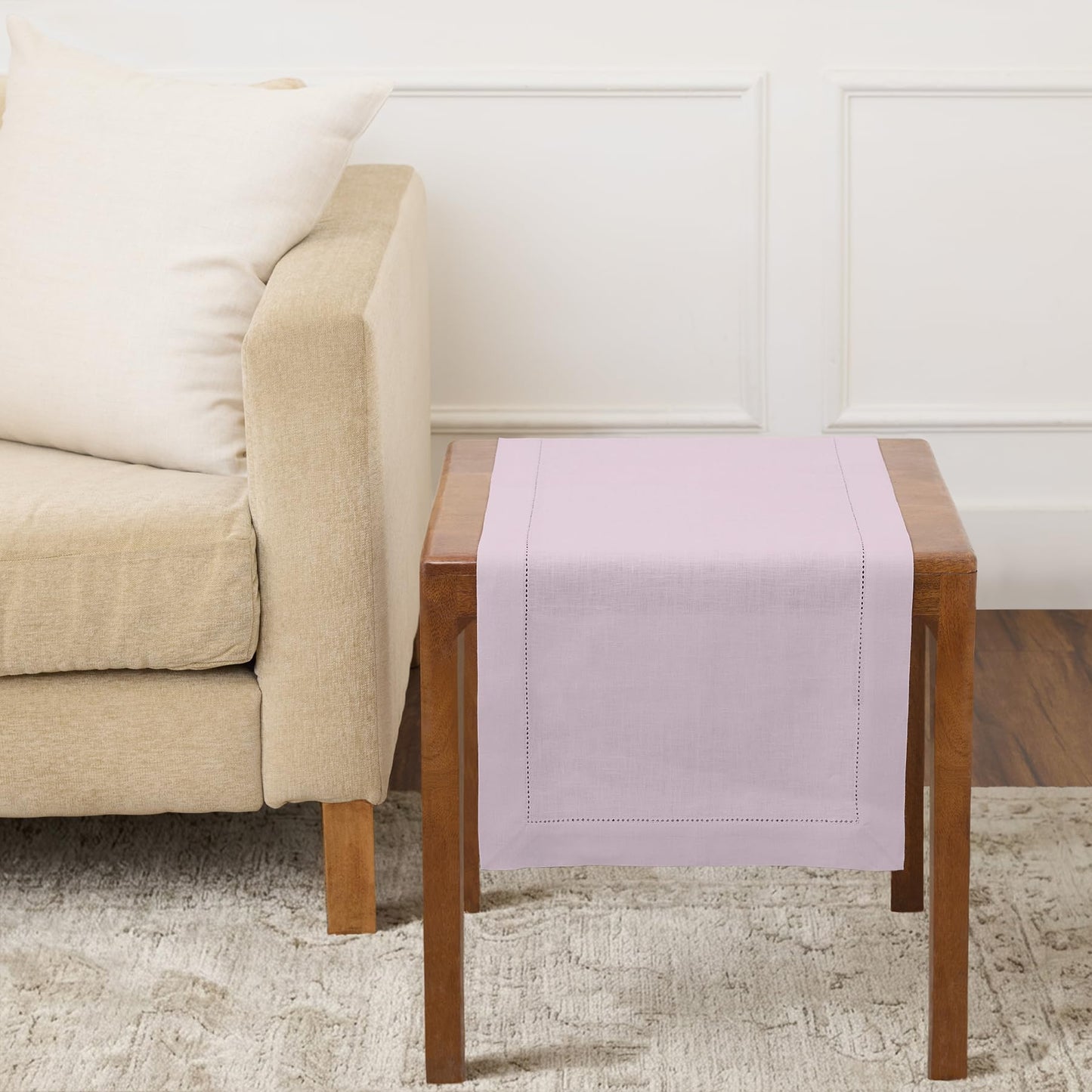 Solino Home 100% Pure Linen Table Runner Garden Green Hemstitch, 14 x 48 in | Classic Hemstitch Table Runners for dining, hallway and console table styling | hand hemstitched borders | OEKO-TEX Certified BST326SOLH