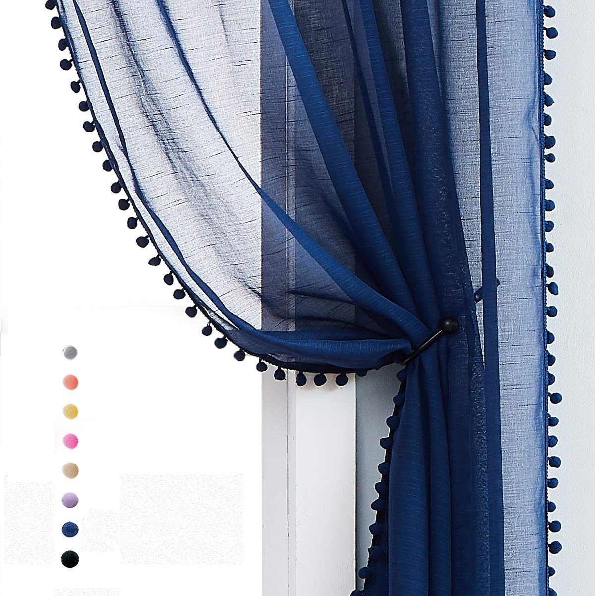 Treatmentex Pom-Pom Grey Sheer Curtains for Bedroom 63" Window Drapes Rod Pocket Textured Sheer Curtain for Kids Room 52" w 2 Panels BST202
