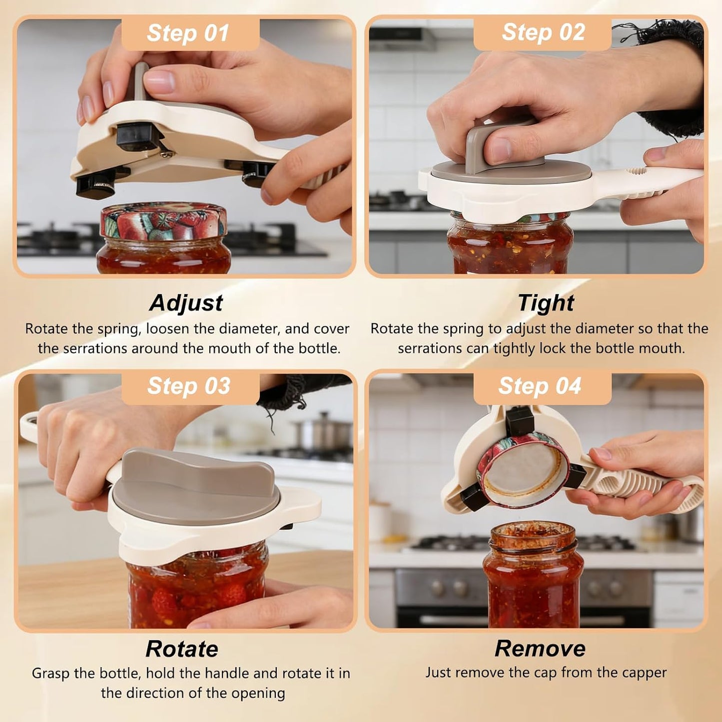 4 in 1 Multi-Purpose Jar Opener,Adjustable Stainless Steel Jar Opener,Multi-Functional Retractable Jar & Bottle Openers,Multi Size Lid Tool for Jars Cans Wine Bottles,Home Kitchen Helper (Beige) BST202
