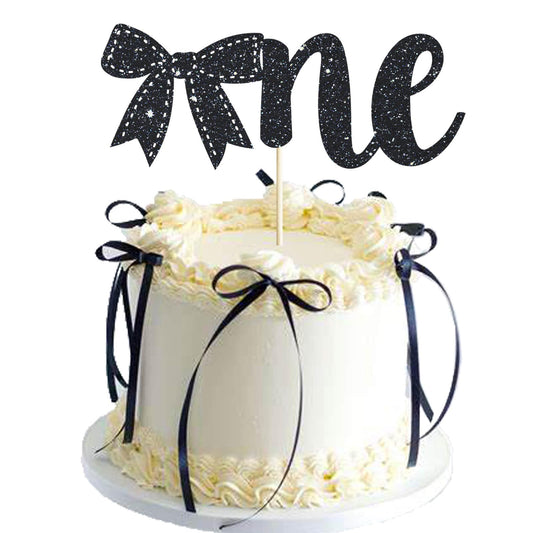 Bow 1st Birthday Cake Topper Black Glitter Bow Tie One Cake Topper Coquette One Cake Decorations for Girls Women Princess Baby Shower One Year Old Birthday Party Photo Smash Props BST220
