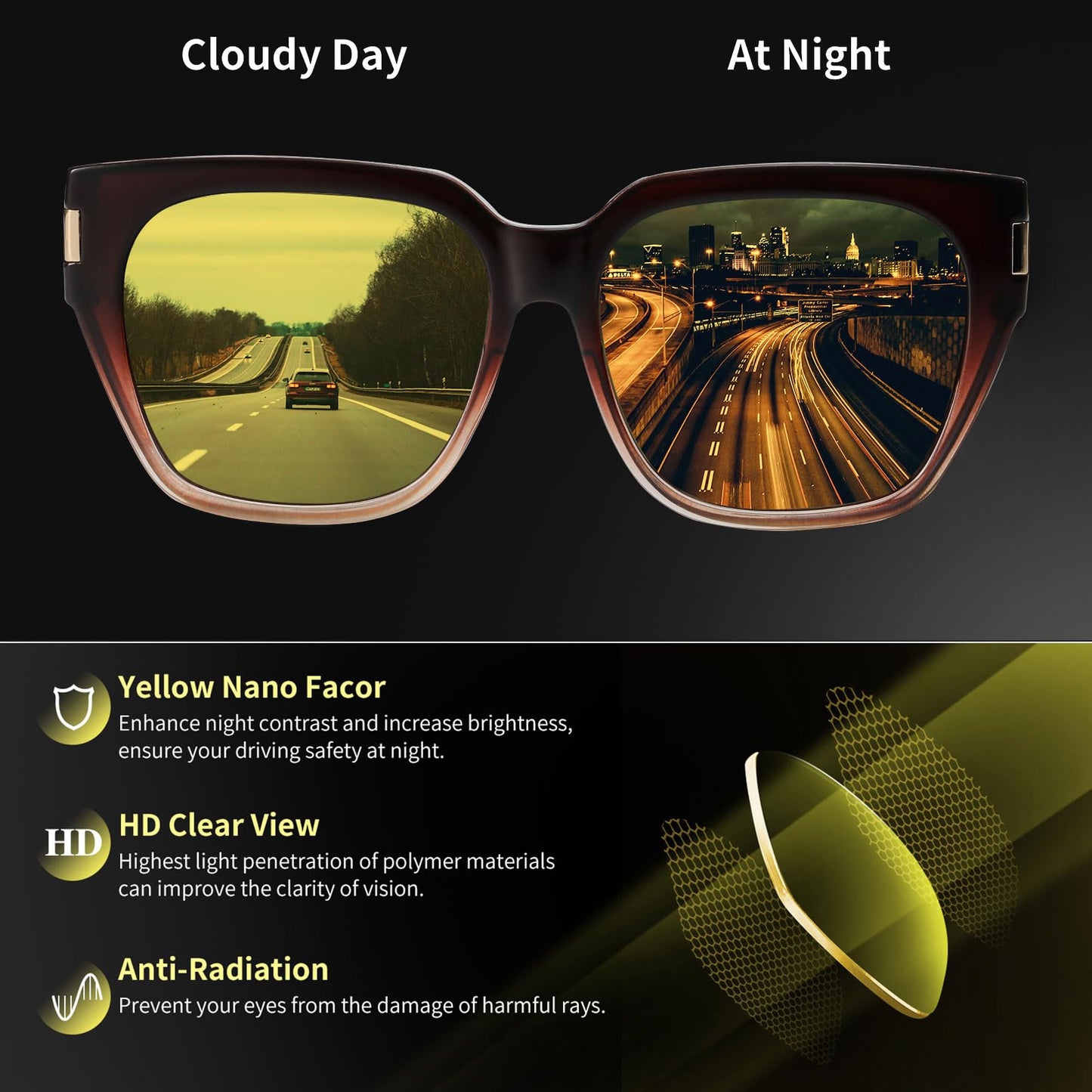 HAOLOTA Night Vision Driving Glasses Fit Over Glasses for Women Men, Anti Glare Polarized Nighttime Yellow Lens WN420