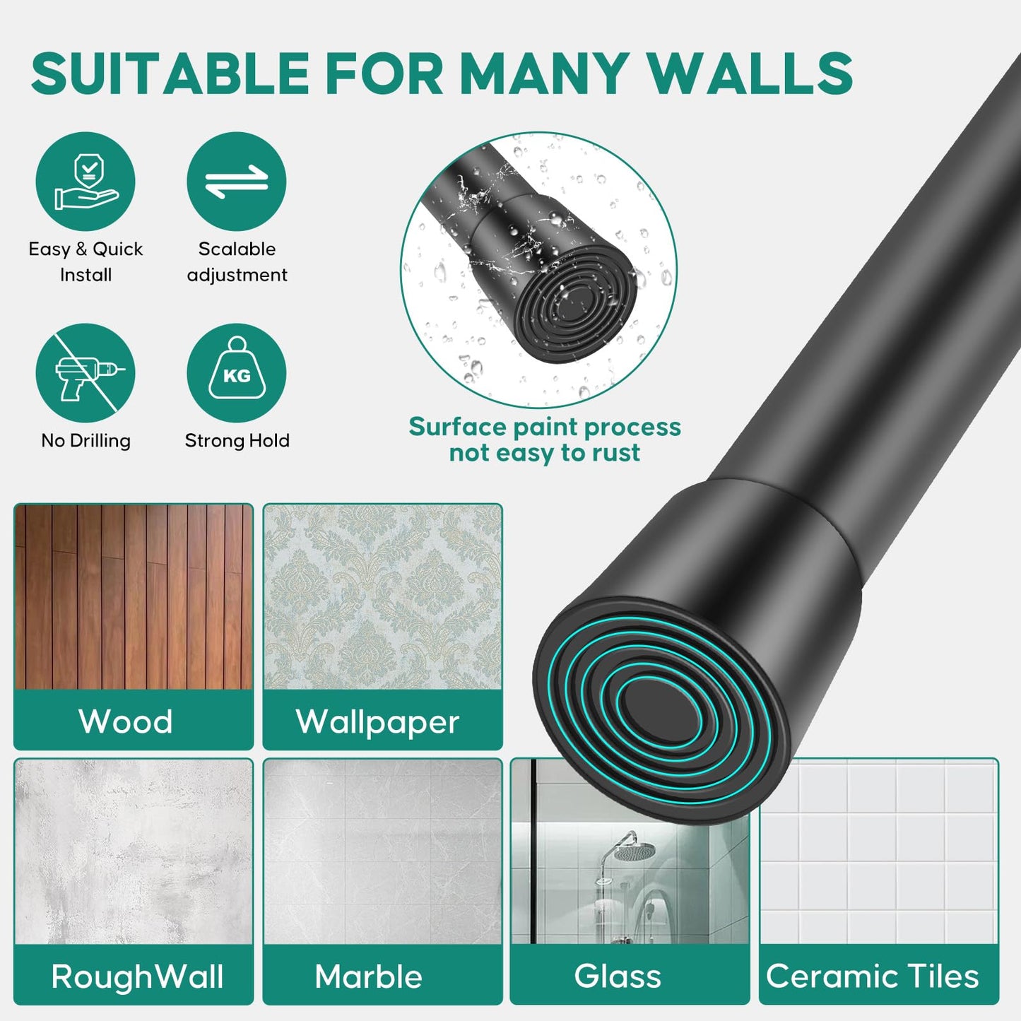 Silver Grey Adjustable Shower Curtain Rod 28-52 Inches 1pc, 7/8" Diameter Anti-slip Heavy Duty Tension Spring Curtain Rod No Drill for Windows Bathroom Kitchen Closet Doorway 22TD28-52SL BST202
