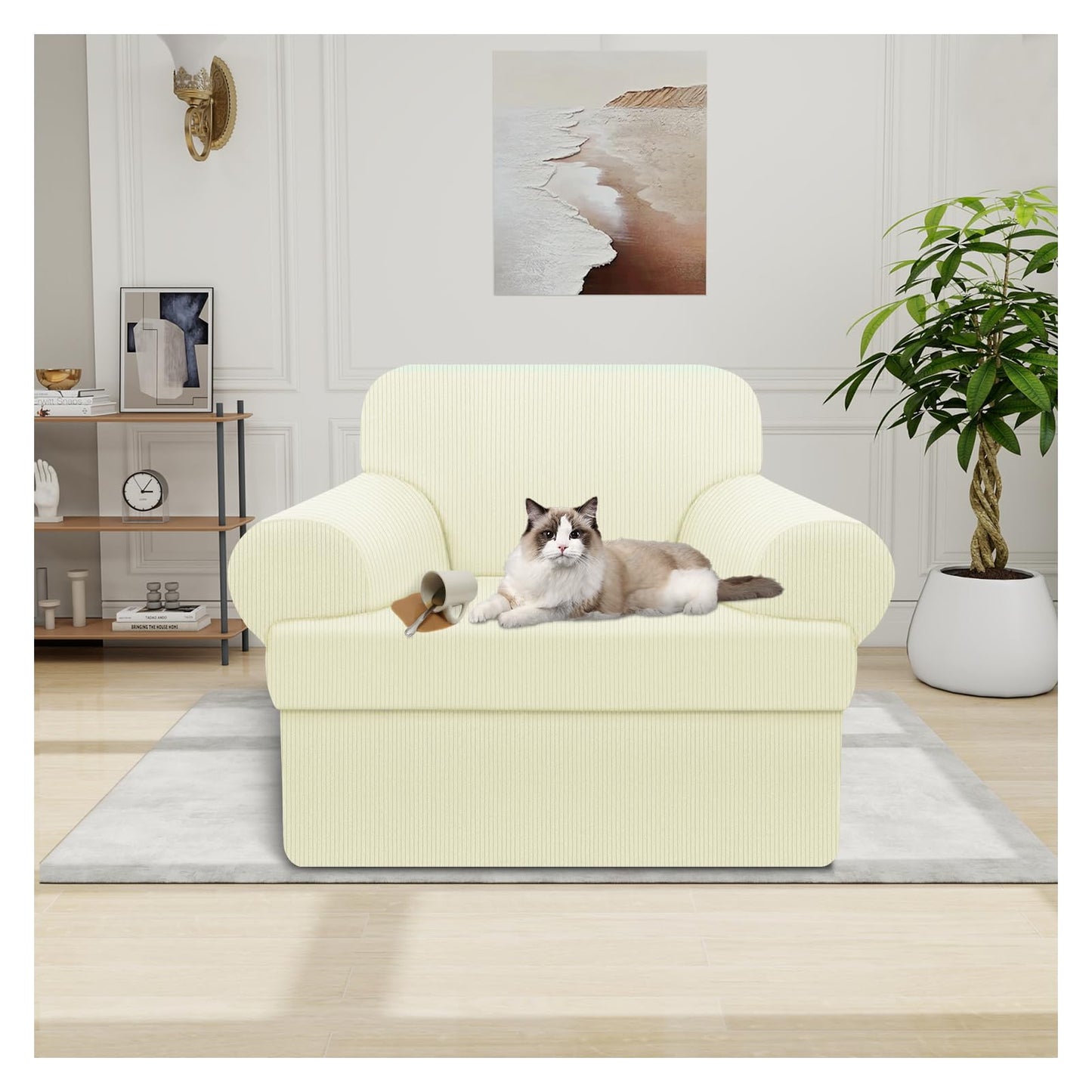 Waterproof Chair Cover with Arms 2-Piece Set Striped Slipcover for 1 Separate T Cushion Couch - TPU Fabric Armchair Covers Leakproof Couch Protector for Kids, Pets(Chair, Beige) BST220