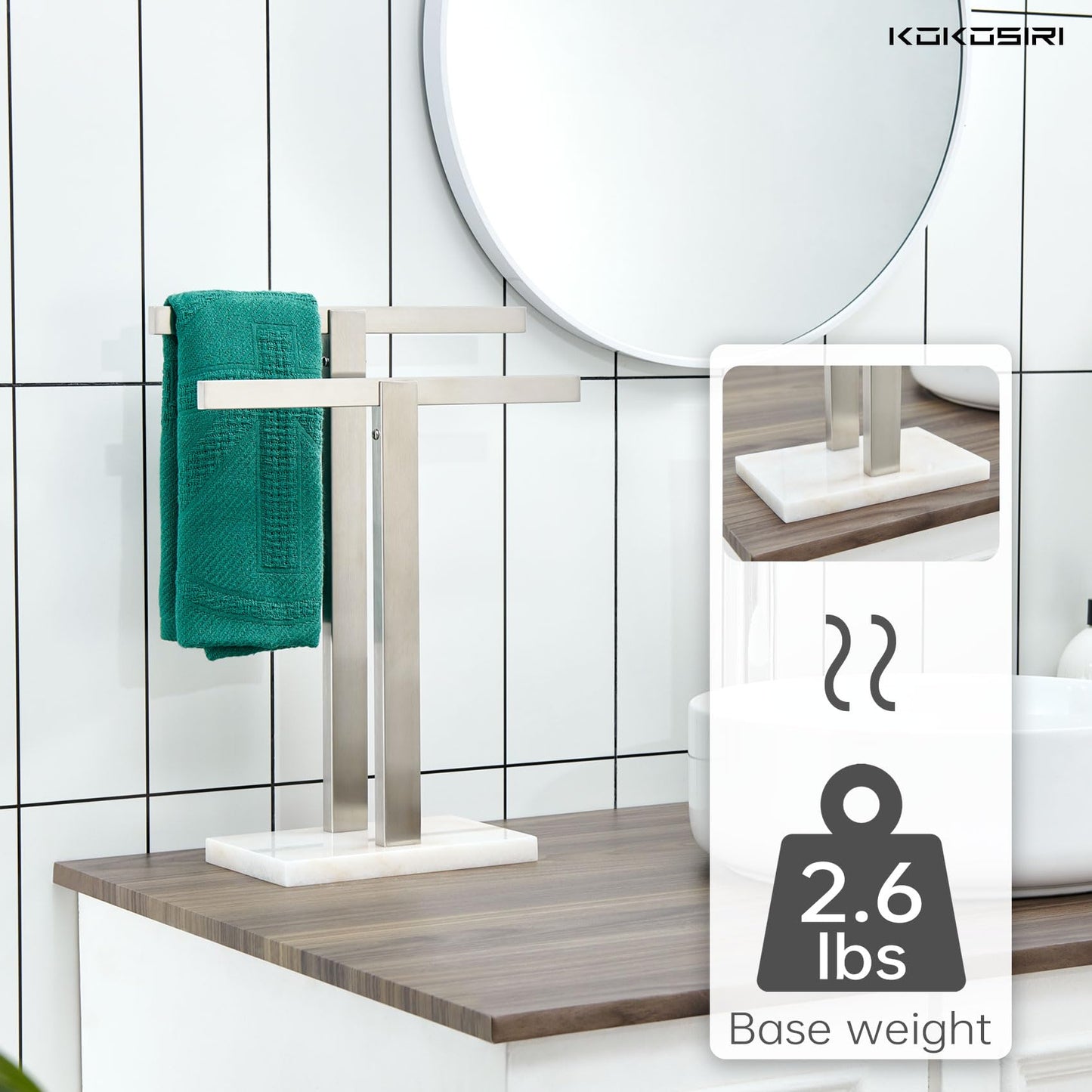 KOKOSIRI Hand Towel Holder Black Stand Towel Rack with Marble Base for Bathroom Kitchen Vanity Countertop, Stainless Steel 15.7'' Height THS0002-SM-BK BST202