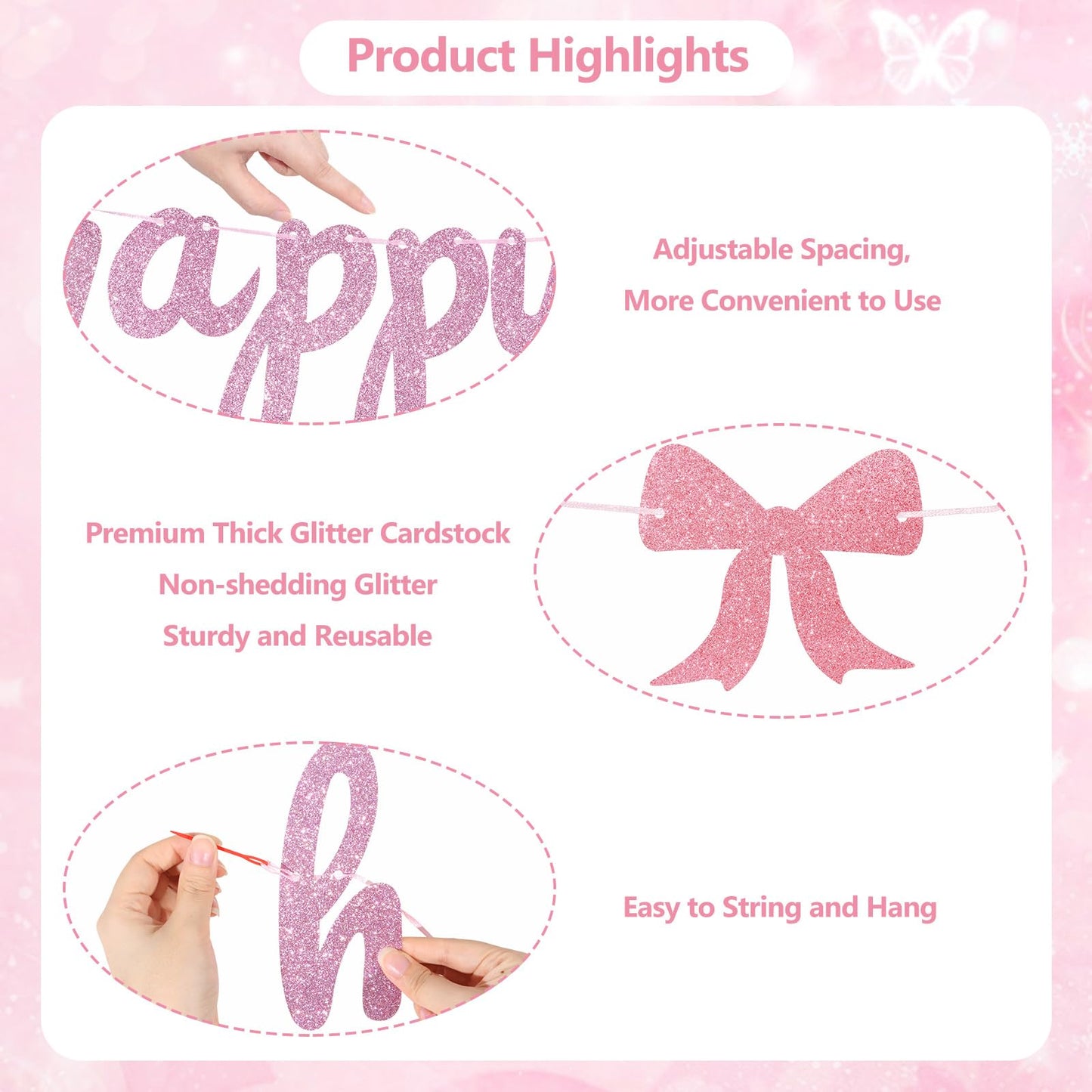 33Pcs Pink Bow Birthday Decorations Coquette Party Decorations with Happy Birthday Banner, Cake Topper, Bow Cake Decoration, Bowknot Cupcake Toppers for Bday Bridal Shower Bachelorette Valentine's Day BST220