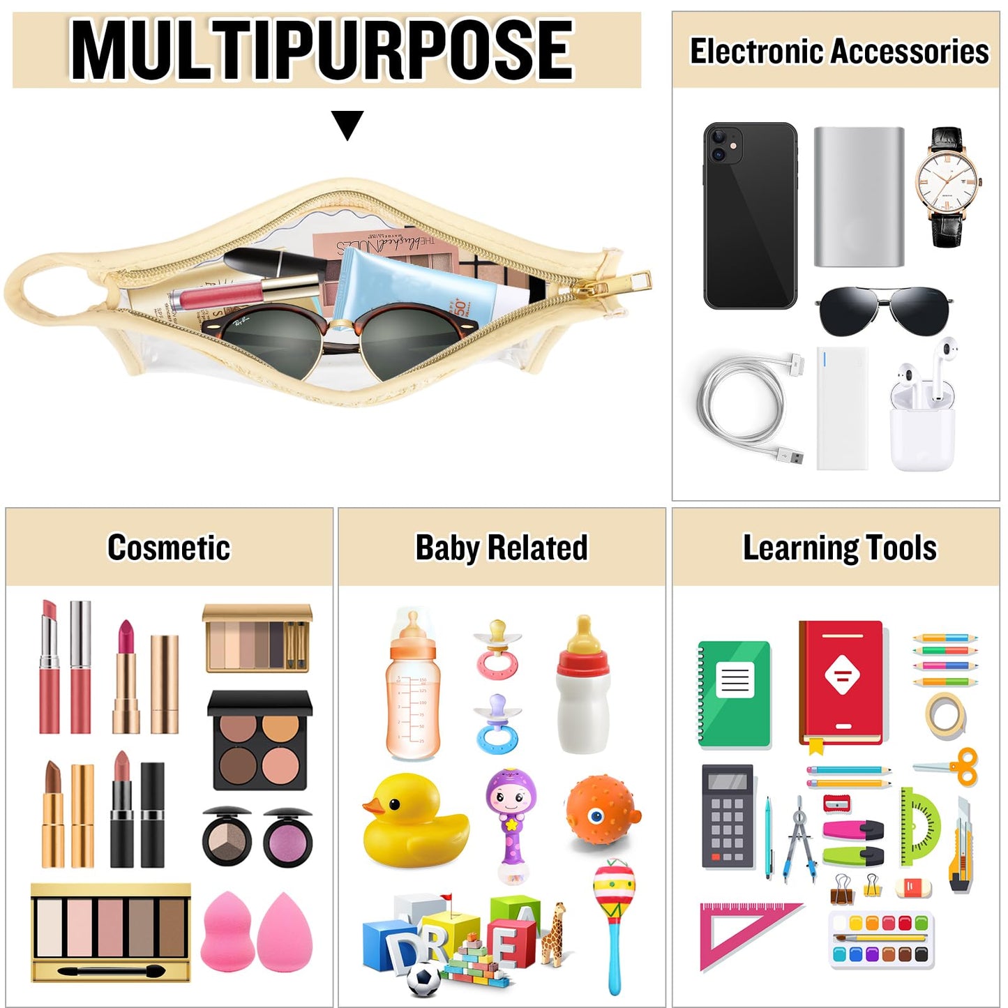 Boho Clear Makeup Bag Cosmetic Zipper Pouch Purse, Clear Toiletry Bags Travel Small Preppy Cute DIY Chenille Letter Bag, Transparent PVC Waterproof Clutch Make Up Organizer Storage Bag for Women Girls BST220