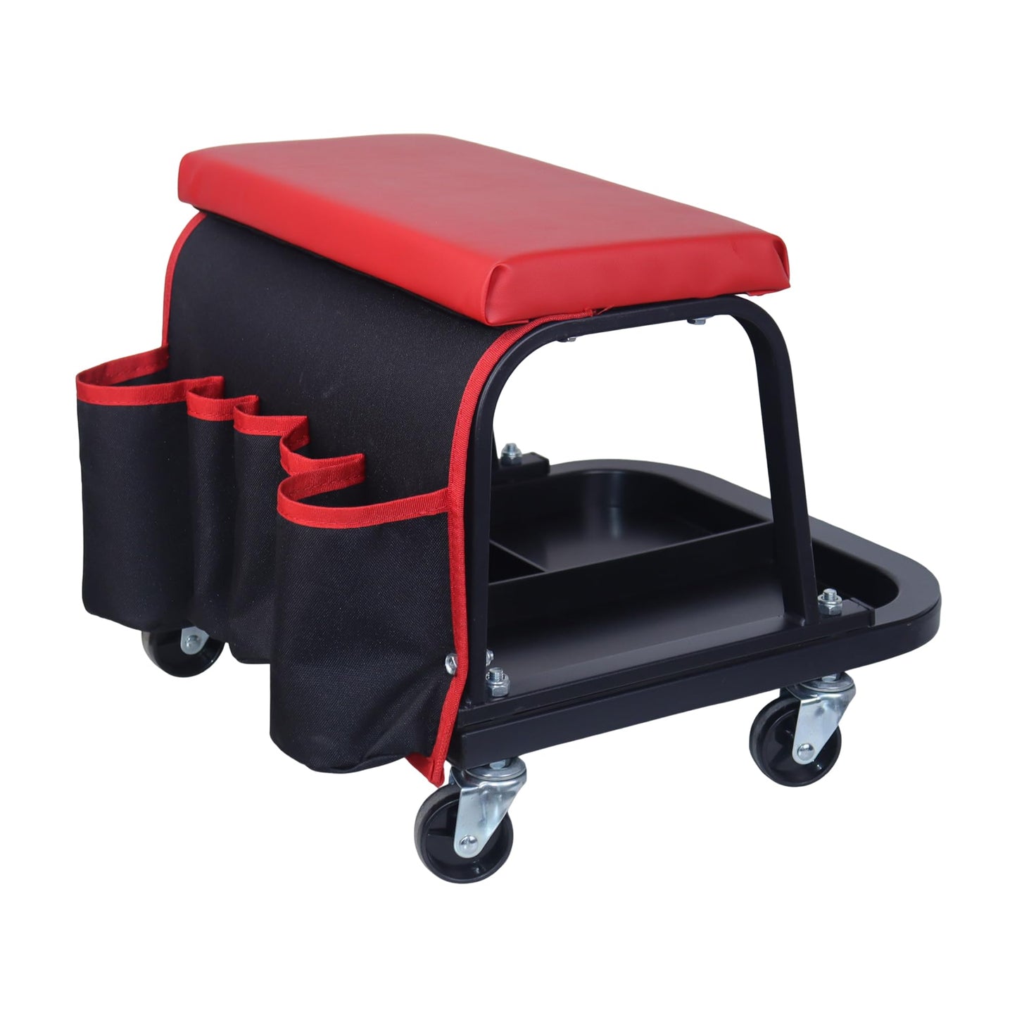 Rolling Mechanic Garage Stool on Wheels with Padded Cushion, Tool Tray Storage and Side Pockets, 300 LBS Capacity, Red BST220