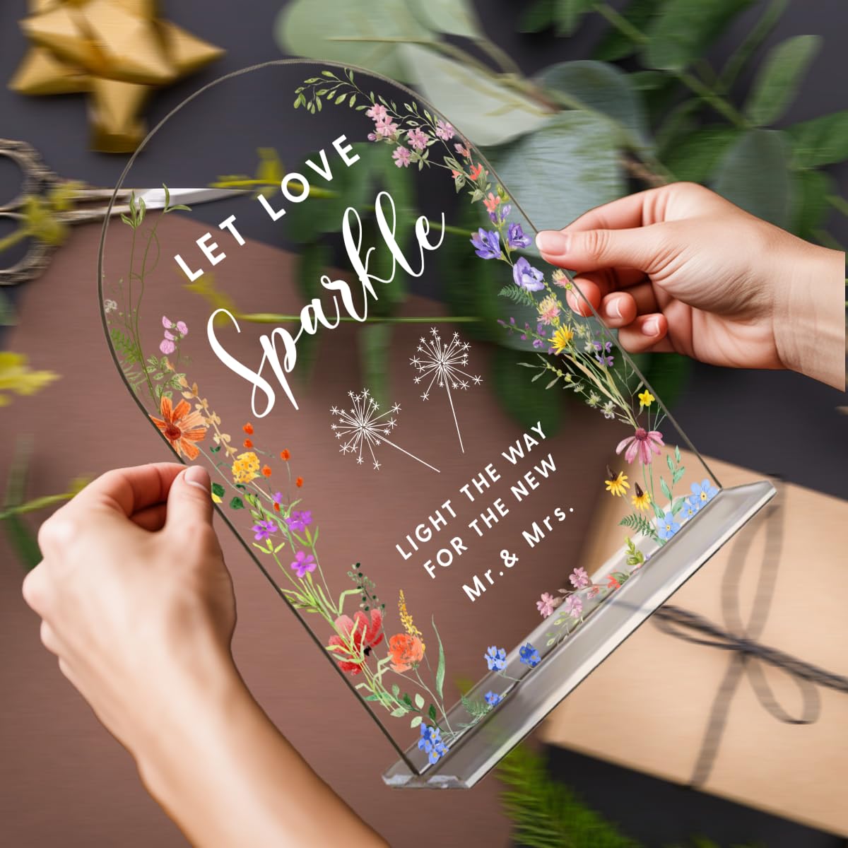 Acrylic Wedding Signs, Pick A Card Signs for Marriage Reception, Bridal Shower Decorations, Modern Arched Round Top Acrylic Table Top Sign with Holder for Wedding Party Dinner (Clear Wildflowers) BST326L