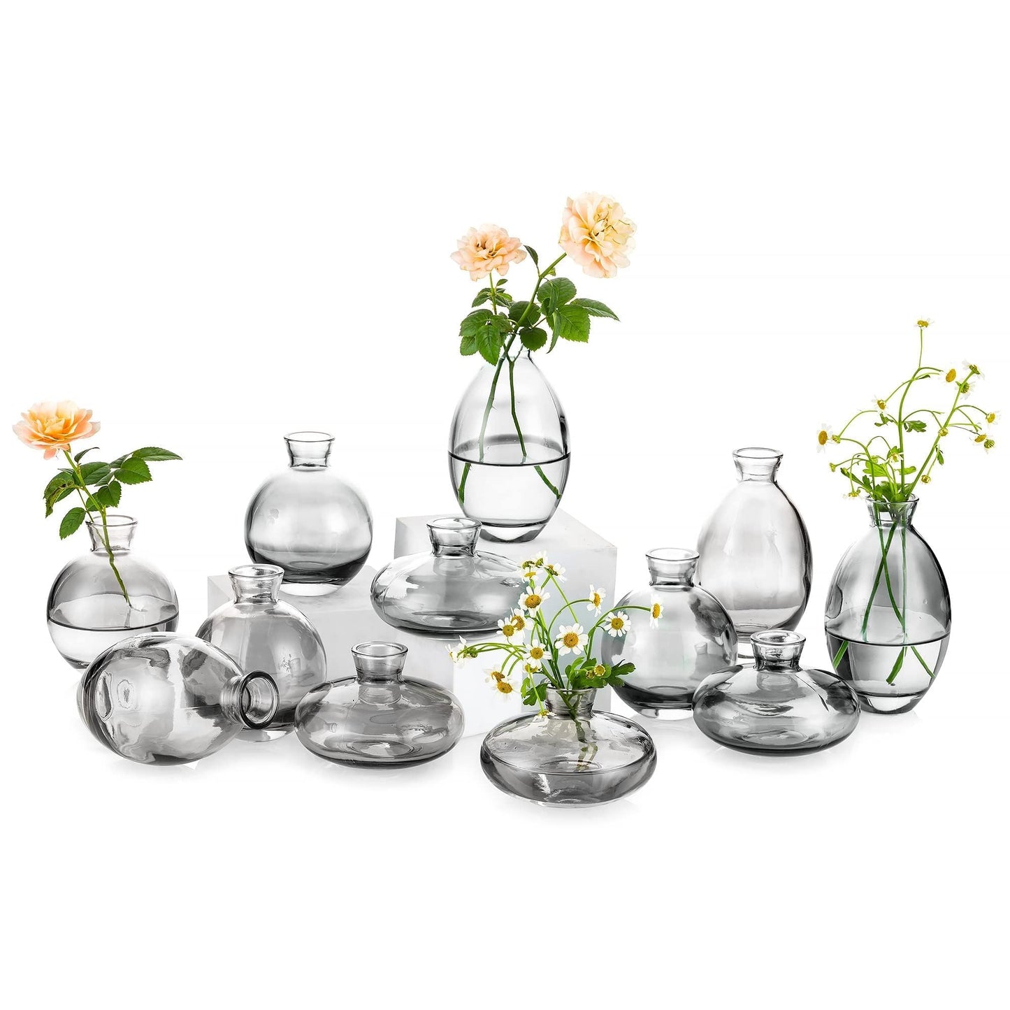 Glasseam Clear Glass Bud Vase, 3Pcs/Set Modern Decorative Small Mini Flowers Vases Short Minimalist Aesthetic Home Decor Vintage Cute Handmade Tiny Wedding Table Centerpieces for Single Flower Rose BST326H