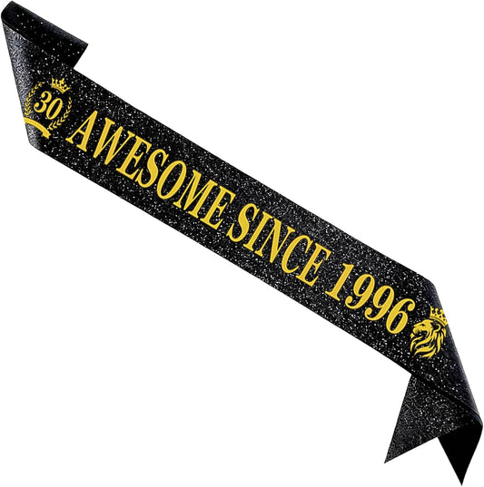 30th Birthday Sash - Unisex Black Glitter Leather Sashes with Gold Foil Letter Awesome Since 1996 for Men Women Decorations Party Supplies Accessories Gifts Outfit BST326L