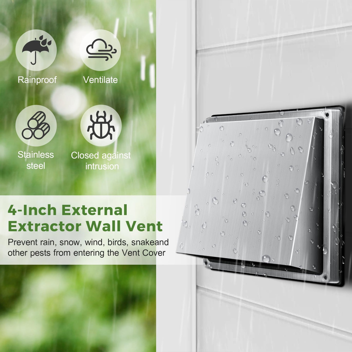 4-Inch External Extractor Wall Vent, Outdoor Stainless Steel Wall Exhaust Vent with Bird Screen, Dryer Vent Cover with Rubber Seal Cushioned Non Return Flap, Outside Airflow Vent Replacement Hood BST220