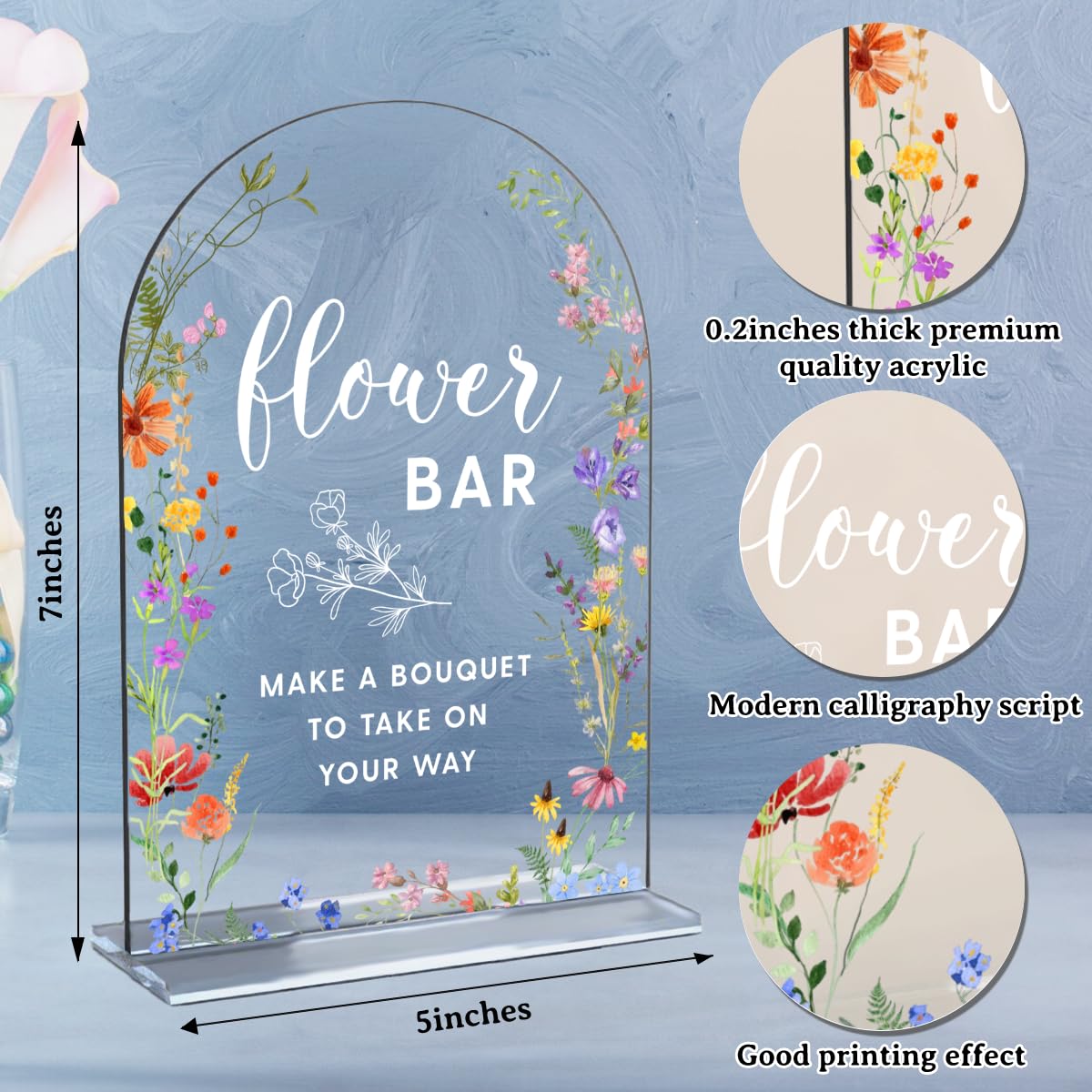 Acrylic Wedding Signs, Pick A Card Signs for Marriage Reception, Bridal Shower Decorations, Modern Arched Round Top Acrylic Table Top Sign with Holder for Wedding Party Dinner (Clear Wildflowers) BST326L