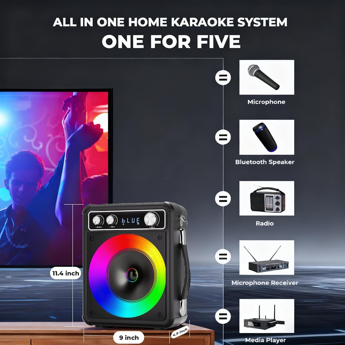 Portable Karaoke Machine with 2 Wireless Microphones Model T-03 82
