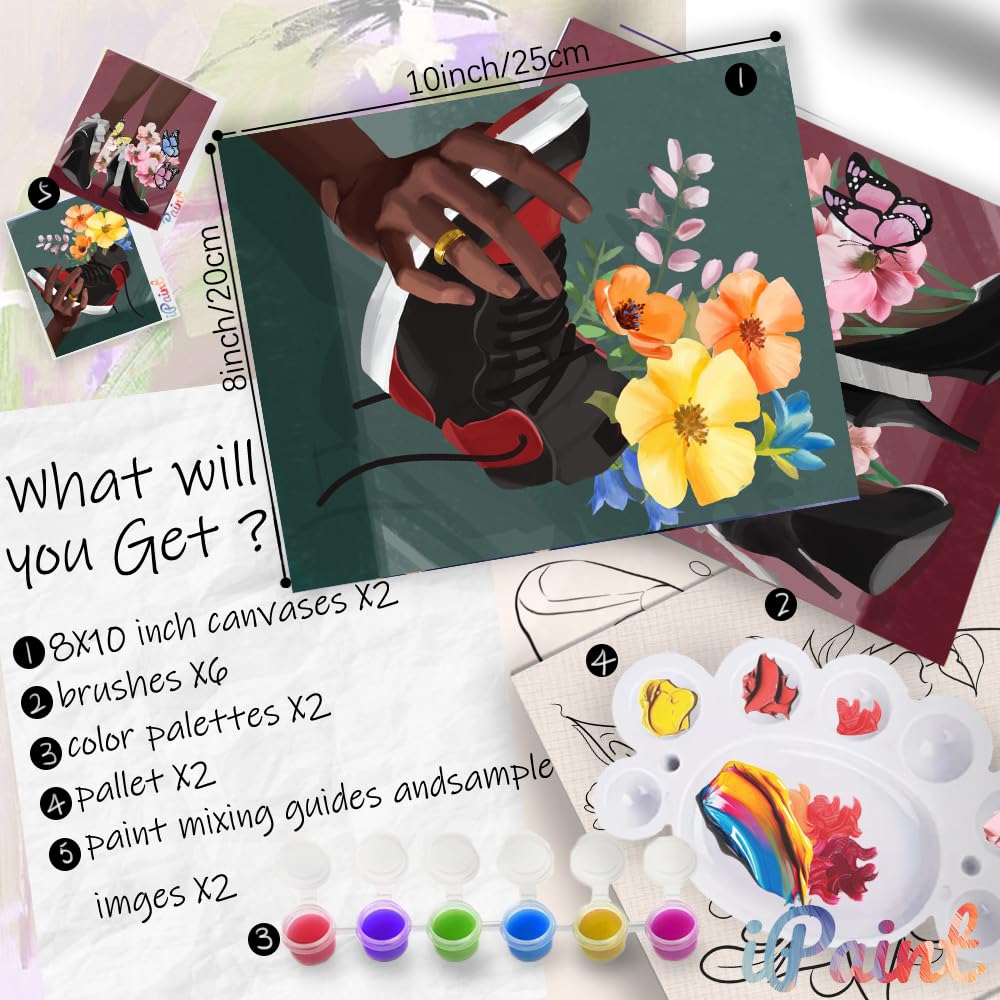 2Pcs Sip and Paint Kit for Adults,Valentines Couple Painting Kit Supplies Canvas, Pre Drawn Canvas to Paint for Date Night for Couples DIY Acrylic Painting Kits Party Favor 8×10 WN420