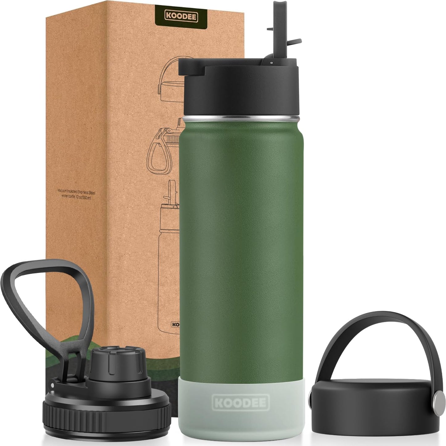 koodee Water Bottle-12 oz Stainless Steel Double Wall Vacuum Insulated Water Bottle for School-Wide Mouth Flask with Straw Lid (Teal) BST220