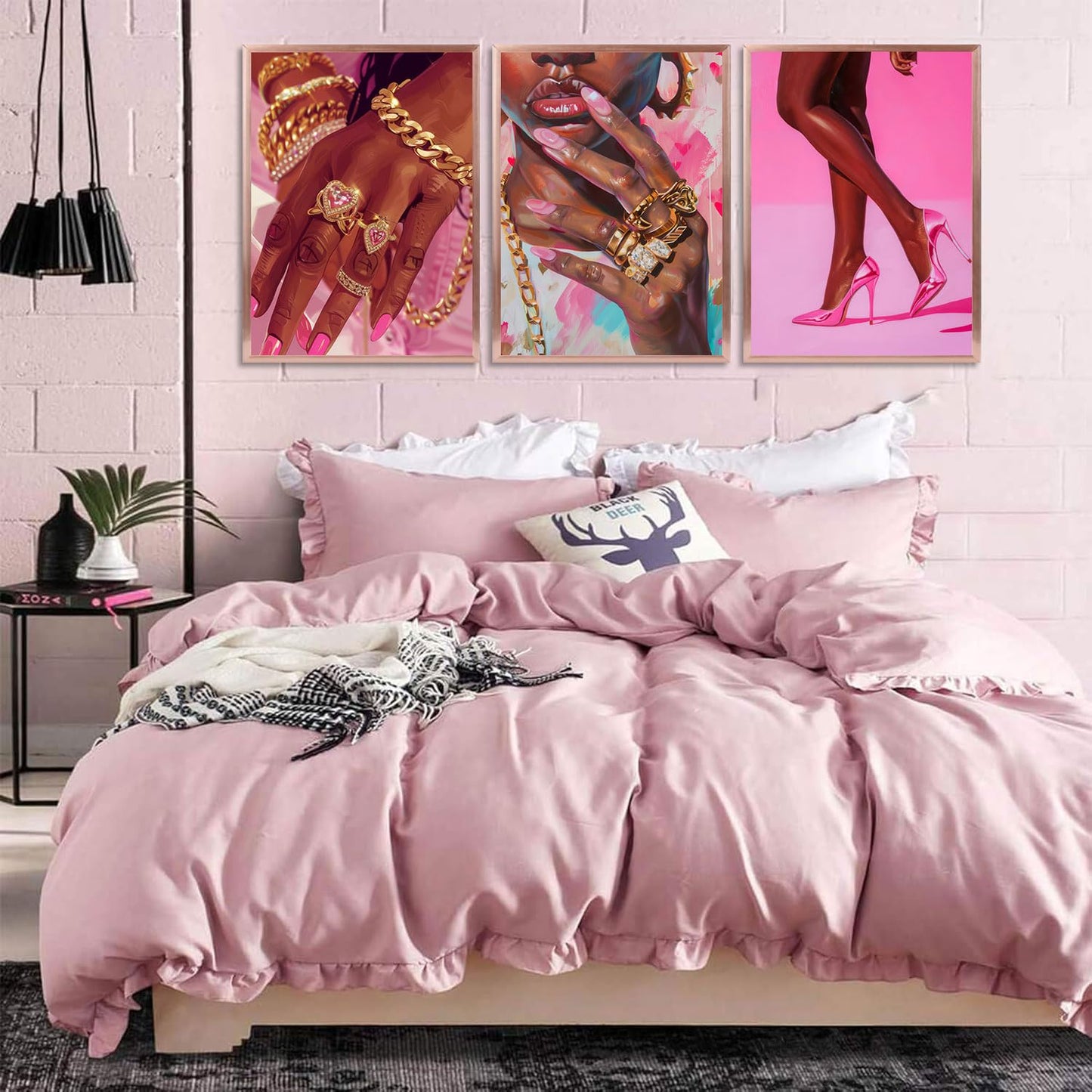 3Pcs Pink Fashion Black Girl Canvas Wall Art African American Black Woman Wall Decor Pictures Gorgeous Black Girl Posters Prints for Living Room Bedroom Artwork Home Decoration Unframed BST326H