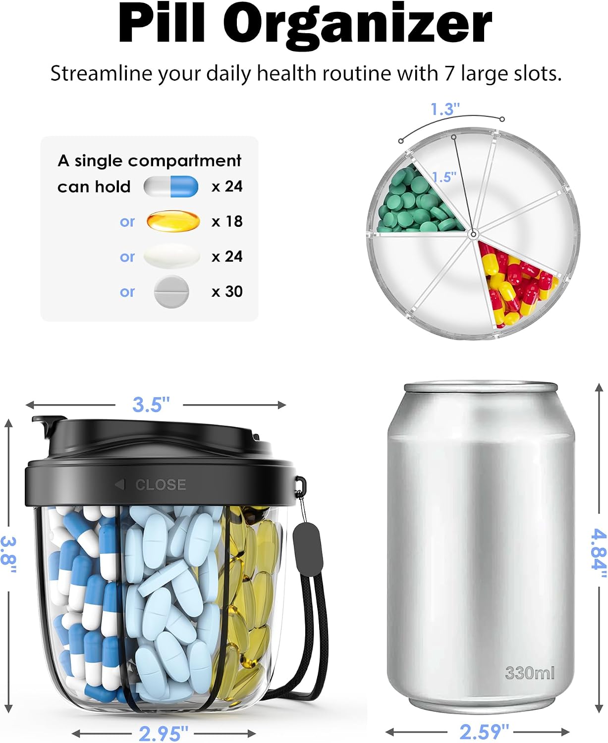 Cute Pill Organizer,Pill Dispenser with 7 Large Compartments,Portable Pill Bottle Box with Wide Opening for Easy Use, Anti-Mix Pills Organizer for Travel,Includes 20 Pcs Sticky Labels(Black) WN420